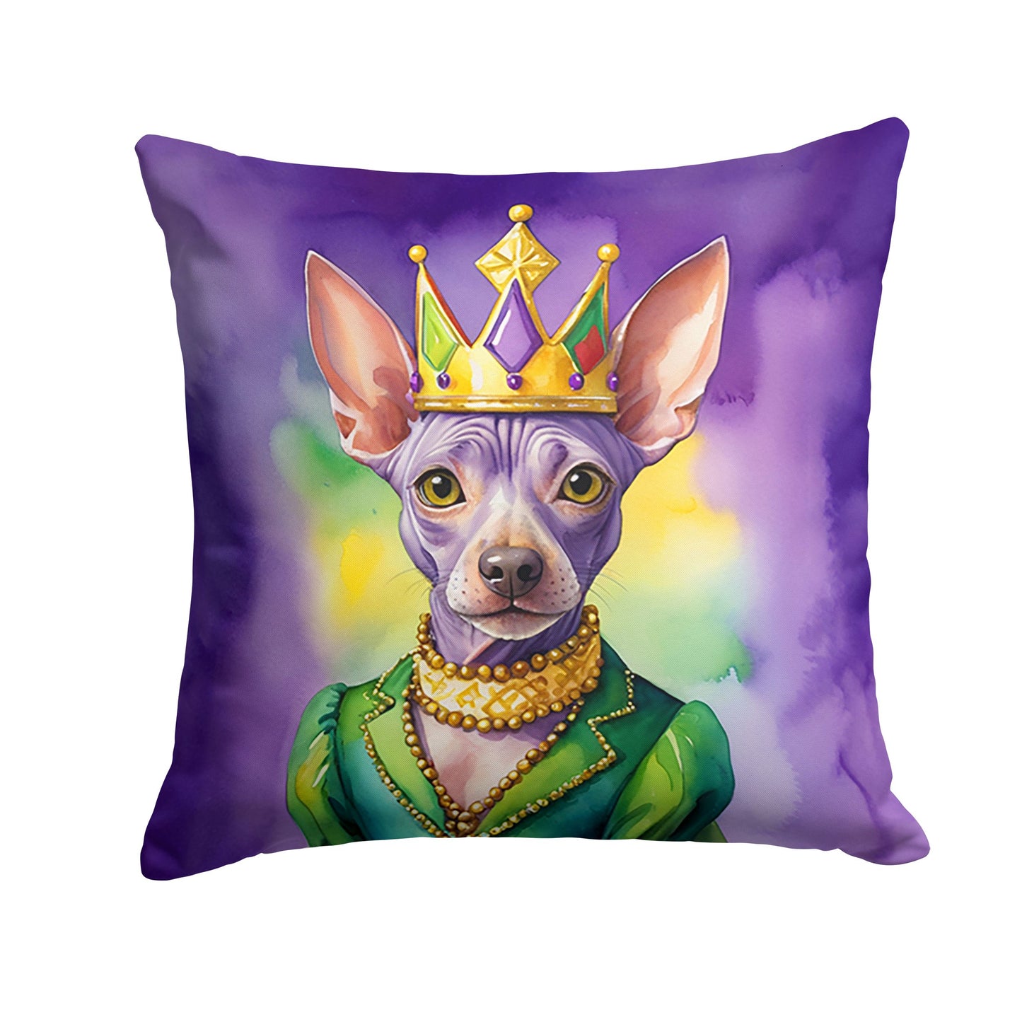 American Hairless Terrier King of Mardi Gras Throw Pillow Machine Washable, Indoor Outdoor Decorative Pillow for Couch, Bed or Patio, 18Hx18W