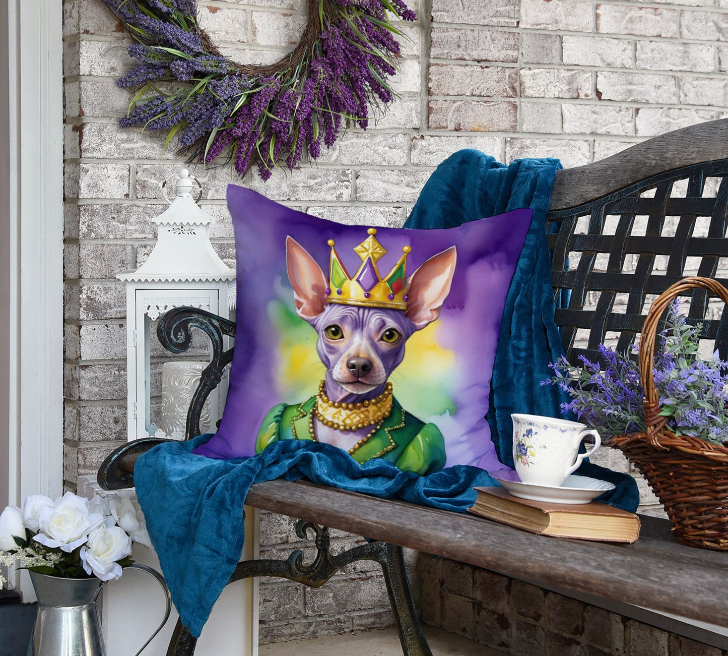 American Hairless Terrier King of Mardi Gras Throw Pillow Machine Washable, Indoor Outdoor Decorative Pillow for Couch, Bed or Patio, 18Hx18W