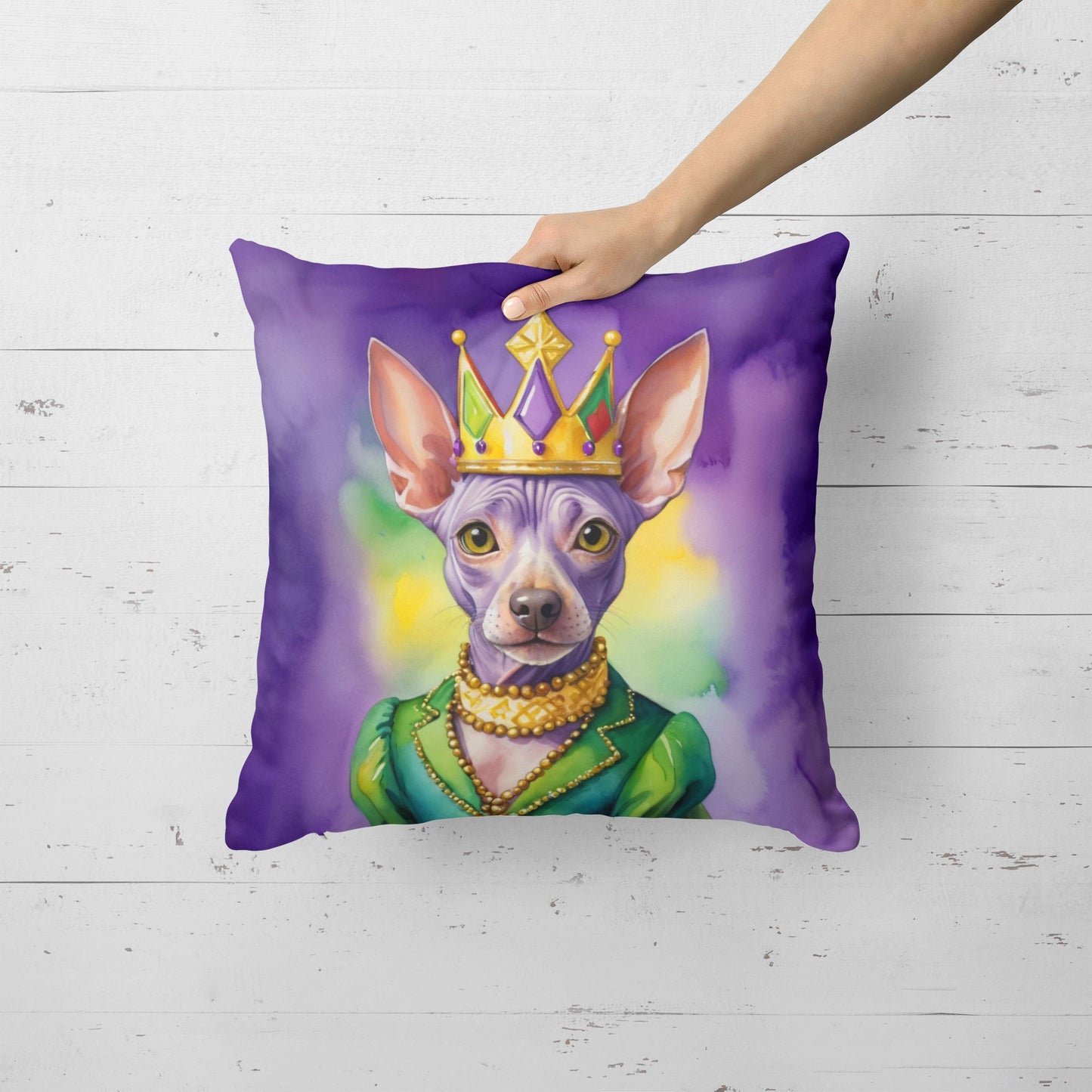 American Hairless Terrier King of Mardi Gras Throw Pillow Machine Washable, Indoor Outdoor Decorative Pillow for Couch, Bed or Patio, 18Hx18W