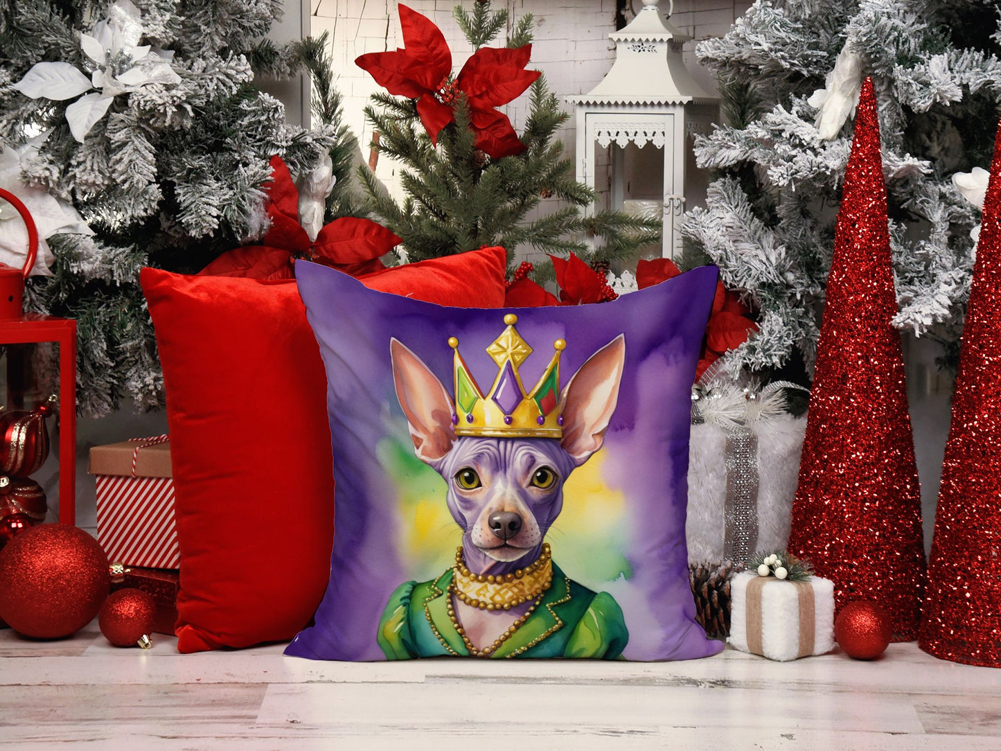 American Hairless Terrier King of Mardi Gras Throw Pillow Machine Washable, Indoor Outdoor Decorative Pillow for Couch, Bed or Patio, 18Hx18W