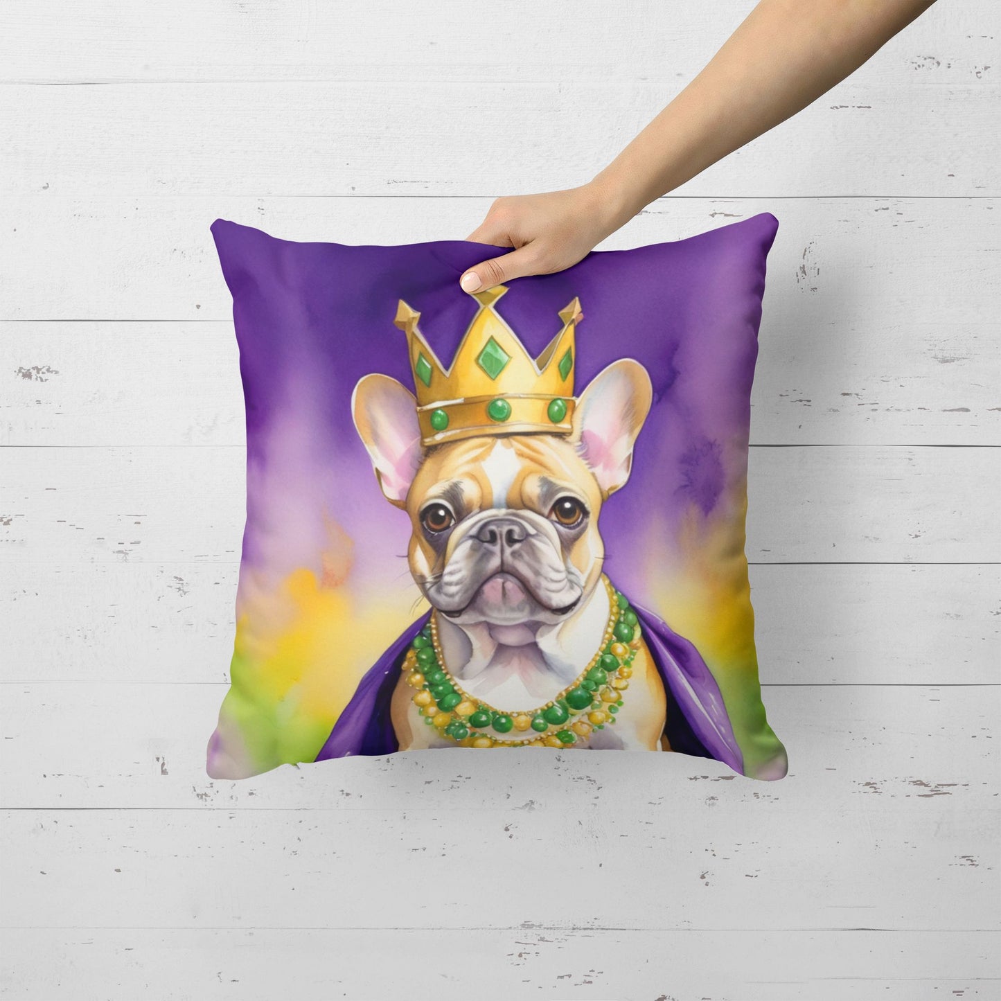 French Bulldog King of Mardi Gras Throw Pillow Machine Washable, Indoor Outdoor Decorative Pillow for Couch, Bed or Patio, 18Hx18W