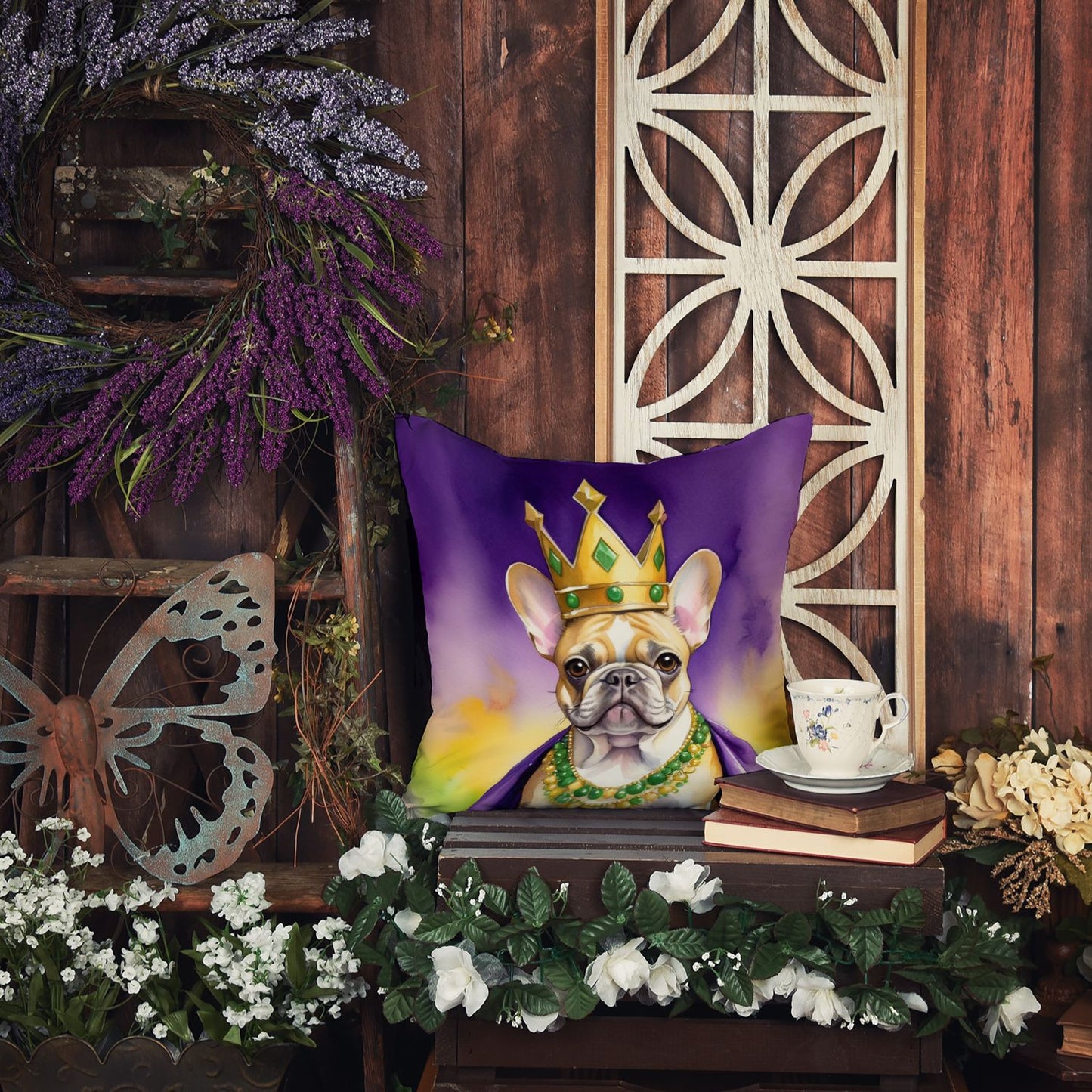 French Bulldog King of Mardi Gras Throw Pillow Machine Washable, Indoor Outdoor Decorative Pillow for Couch, Bed or Patio, 18Hx18W