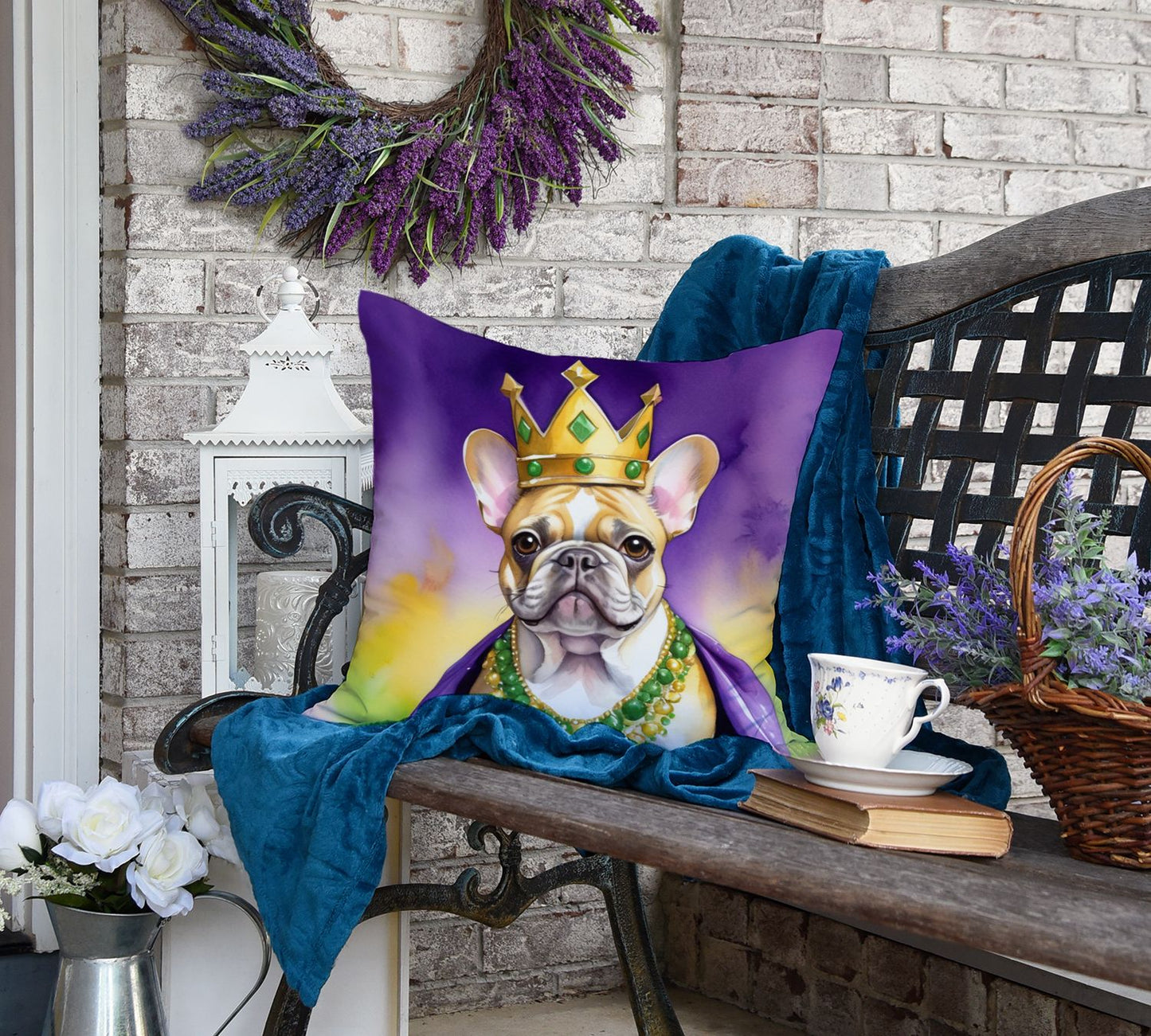 French Bulldog King of Mardi Gras Throw Pillow Machine Washable, Indoor Outdoor Decorative Pillow for Couch, Bed or Patio, 18Hx18W