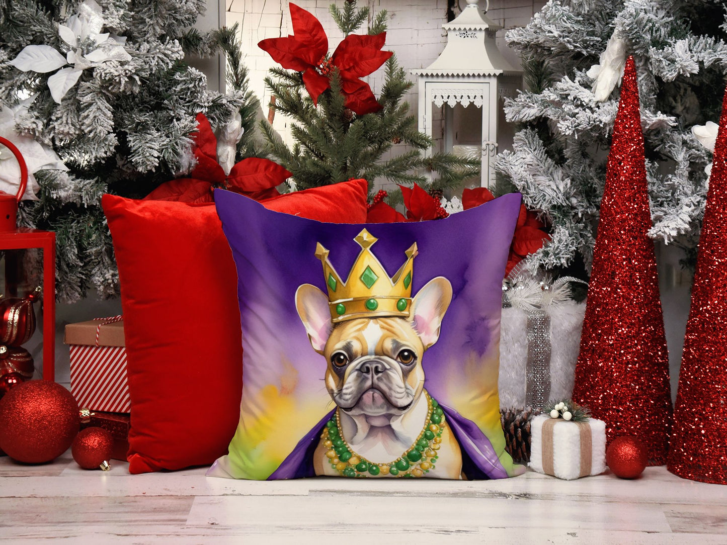French Bulldog King of Mardi Gras Throw Pillow Machine Washable, Indoor Outdoor Decorative Pillow for Couch, Bed or Patio, 18Hx18W