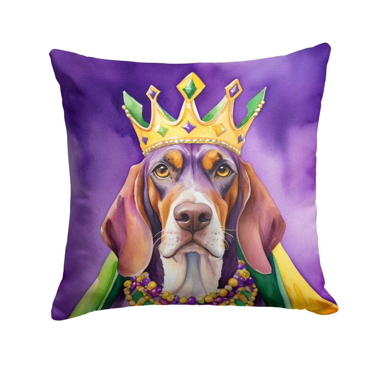 American English Coonhound King of Mardi Gras Throw Pillow Machine Washable, Indoor Outdoor Decorative Pillow for Couch, Bed or Patio, 18Hx18W