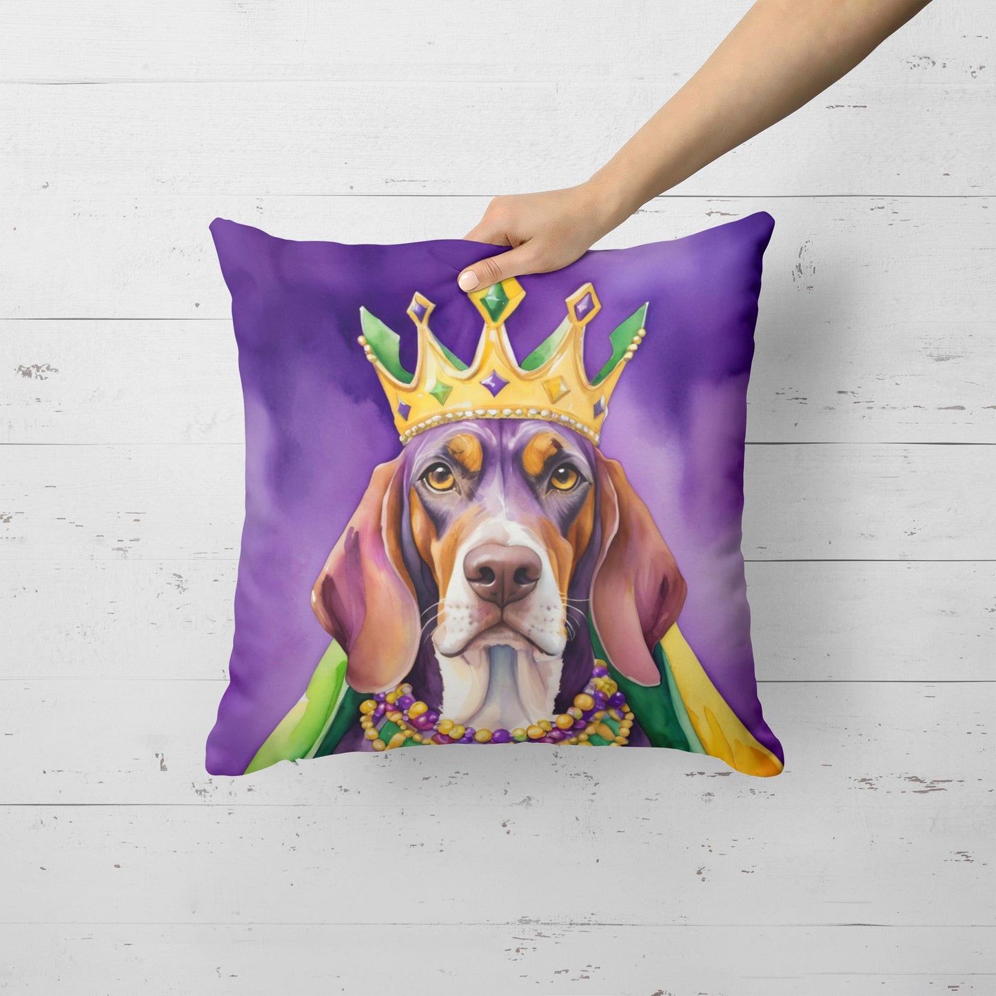 American English Coonhound King of Mardi Gras Throw Pillow Machine Washable, Indoor Outdoor Decorative Pillow for Couch, Bed or Patio, 18Hx18W