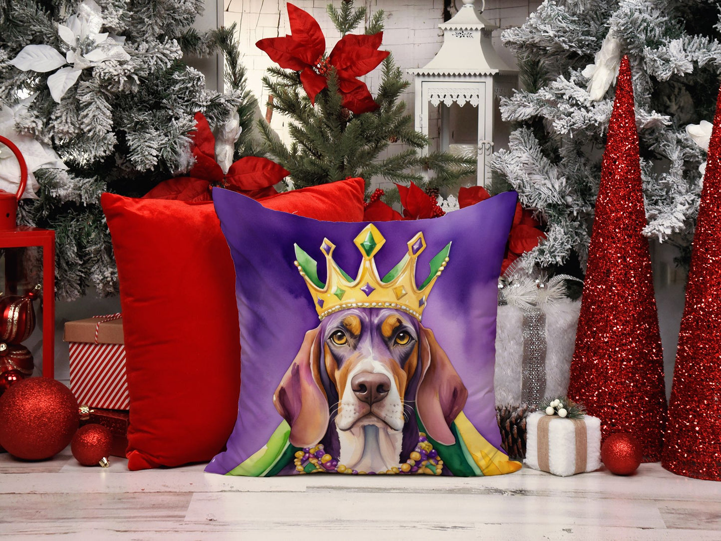 American English Coonhound King of Mardi Gras Throw Pillow Machine Washable, Indoor Outdoor Decorative Pillow for Couch, Bed or Patio, 18Hx18W