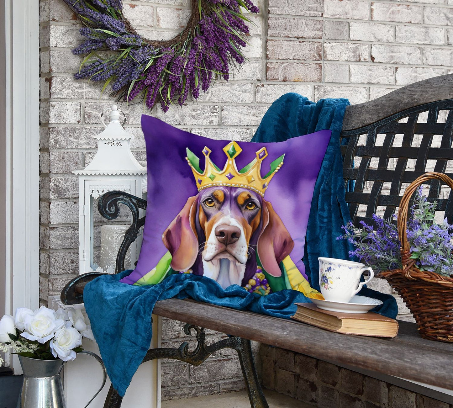 American English Coonhound King of Mardi Gras Throw Pillow Machine Washable, Indoor Outdoor Decorative Pillow for Couch, Bed or Patio, 18Hx18W