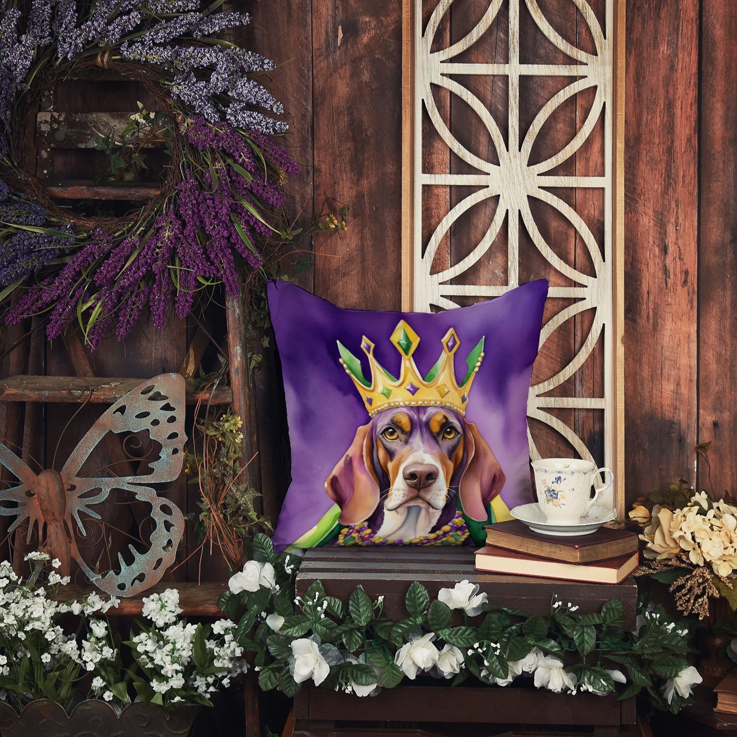 American English Coonhound King of Mardi Gras Throw Pillow Machine Washable, Indoor Outdoor Decorative Pillow for Couch, Bed or Patio, 18Hx18W