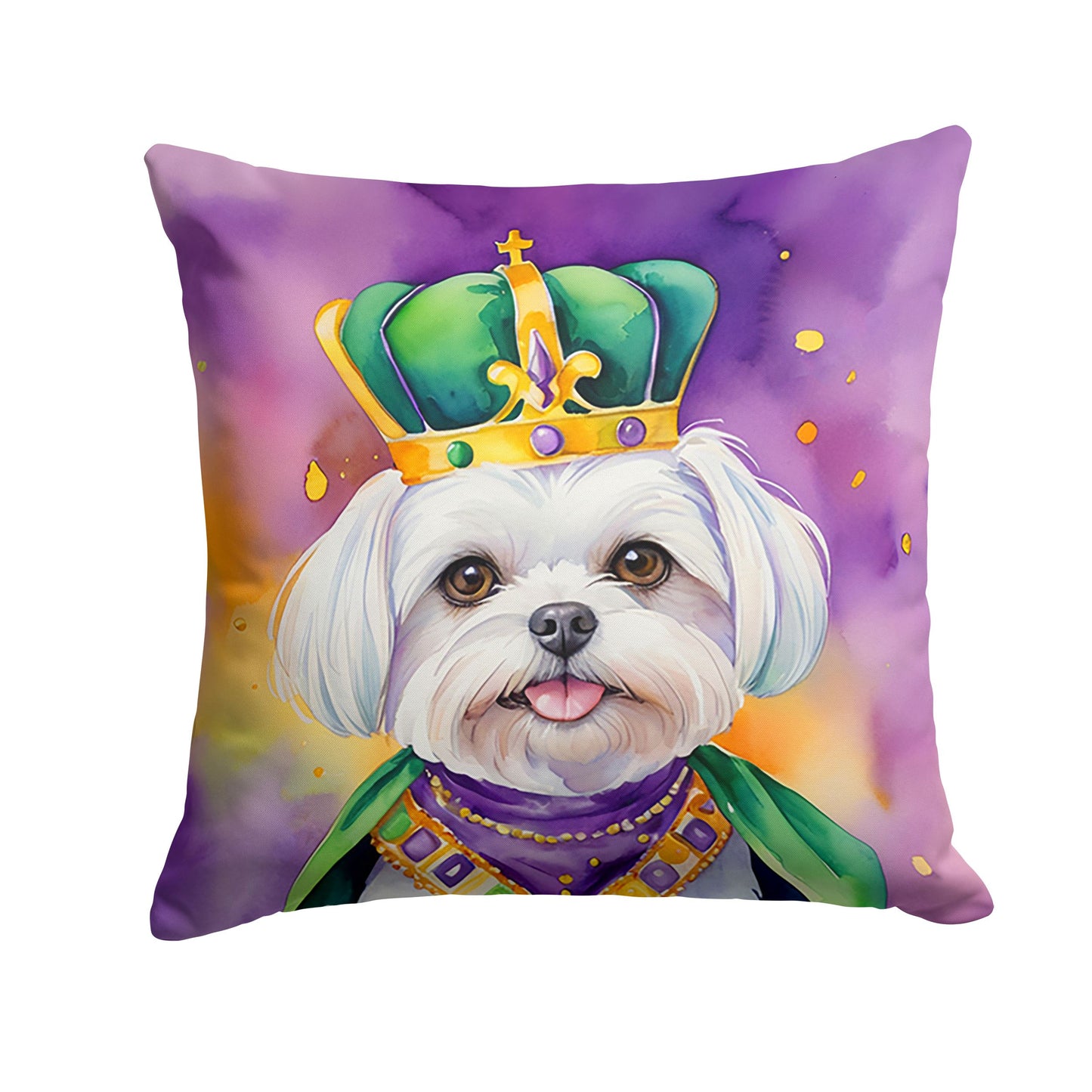 Maltese King of Mardi Gras Throw Pillow Machine Washable, Indoor Outdoor Decorative Pillow for Couch, Bed or Patio, 14Hx14W