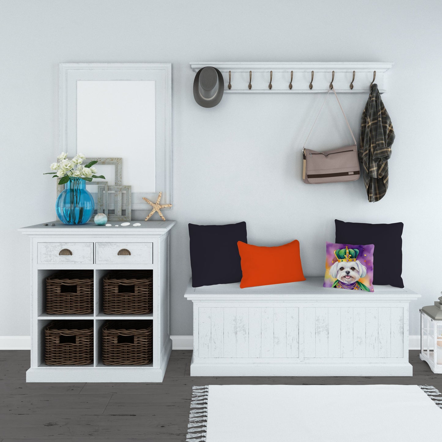 Maltese King of Mardi Gras Throw Pillow Machine Washable, Indoor Outdoor Decorative Pillow for Couch, Bed or Patio, 14Hx14W