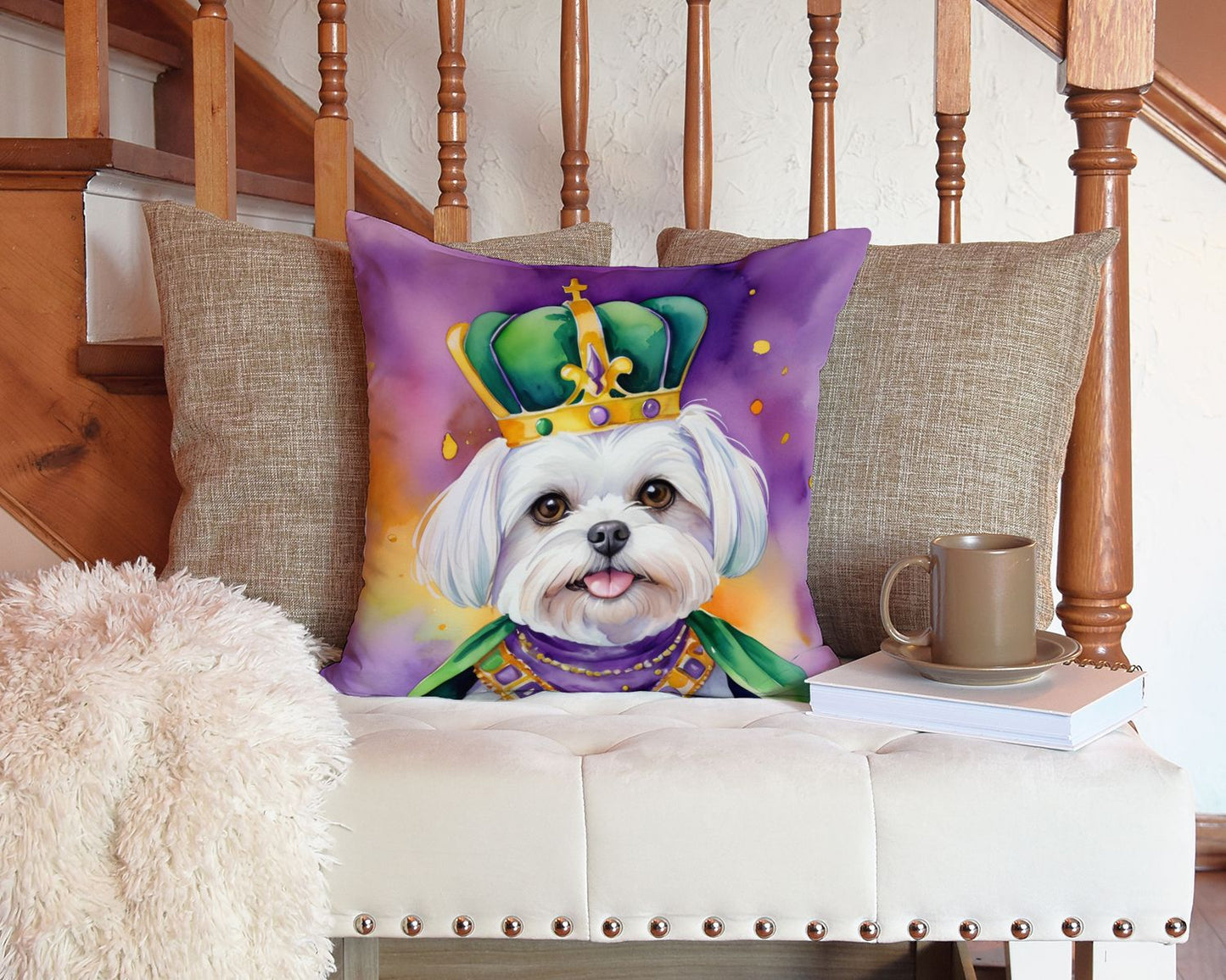 Maltese King of Mardi Gras Throw Pillow Machine Washable, Indoor Outdoor Decorative Pillow for Couch, Bed or Patio, 14Hx14W