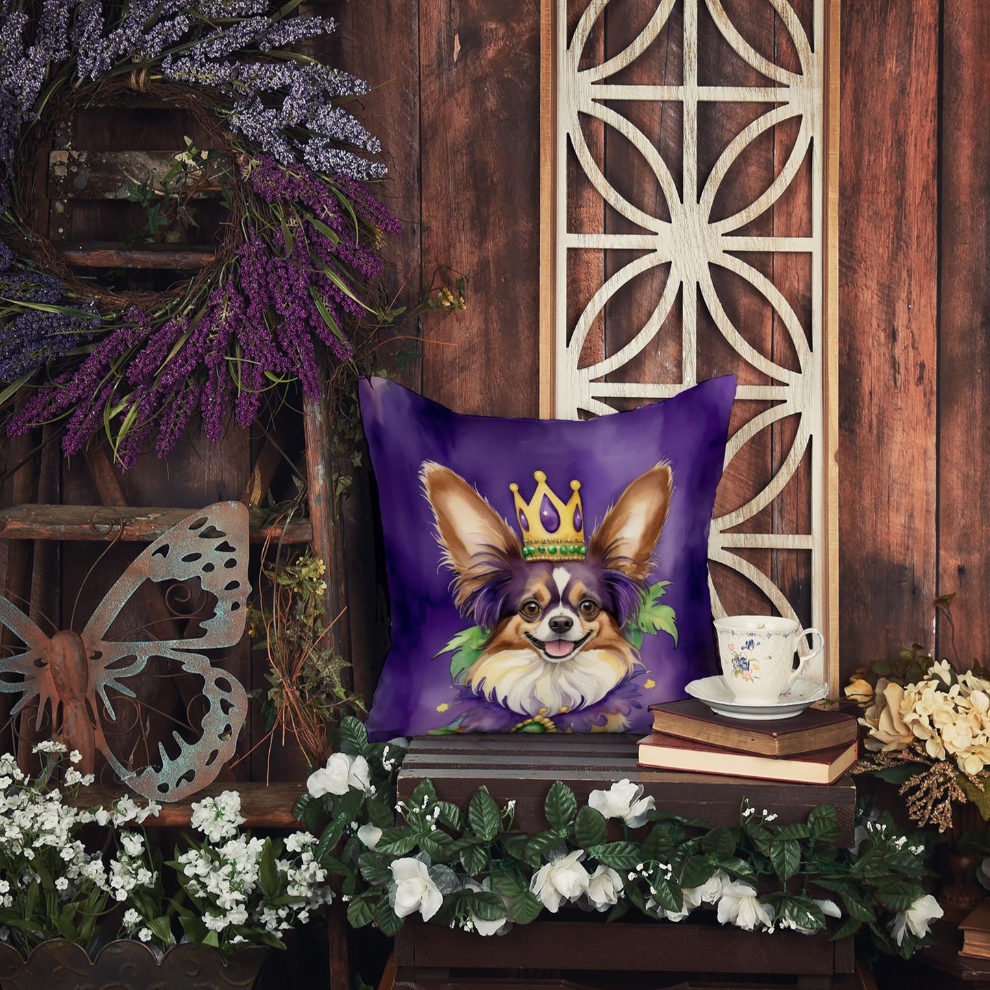 Papillon King of Mardi Gras Throw Pillow Machine Washable, Indoor Outdoor Decorative Pillow for Couch, Bed or Patio, 14Hx14W