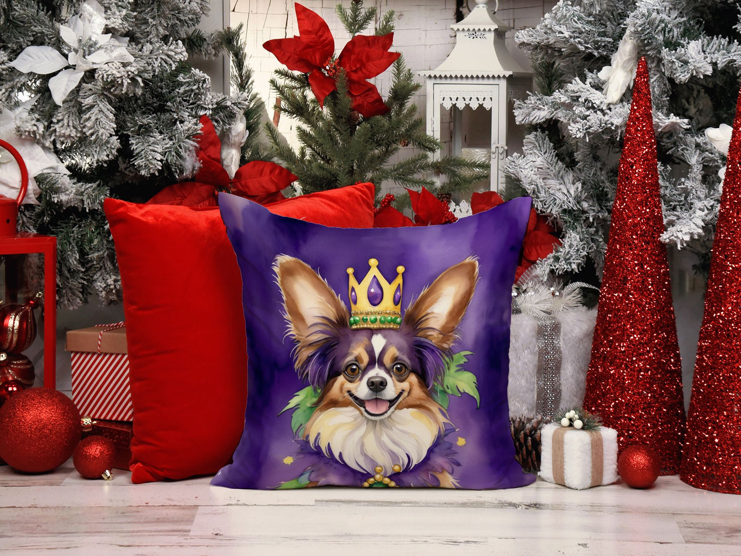 Papillon King of Mardi Gras Throw Pillow Machine Washable, Indoor Outdoor Decorative Pillow for Couch, Bed or Patio, 14Hx14W
