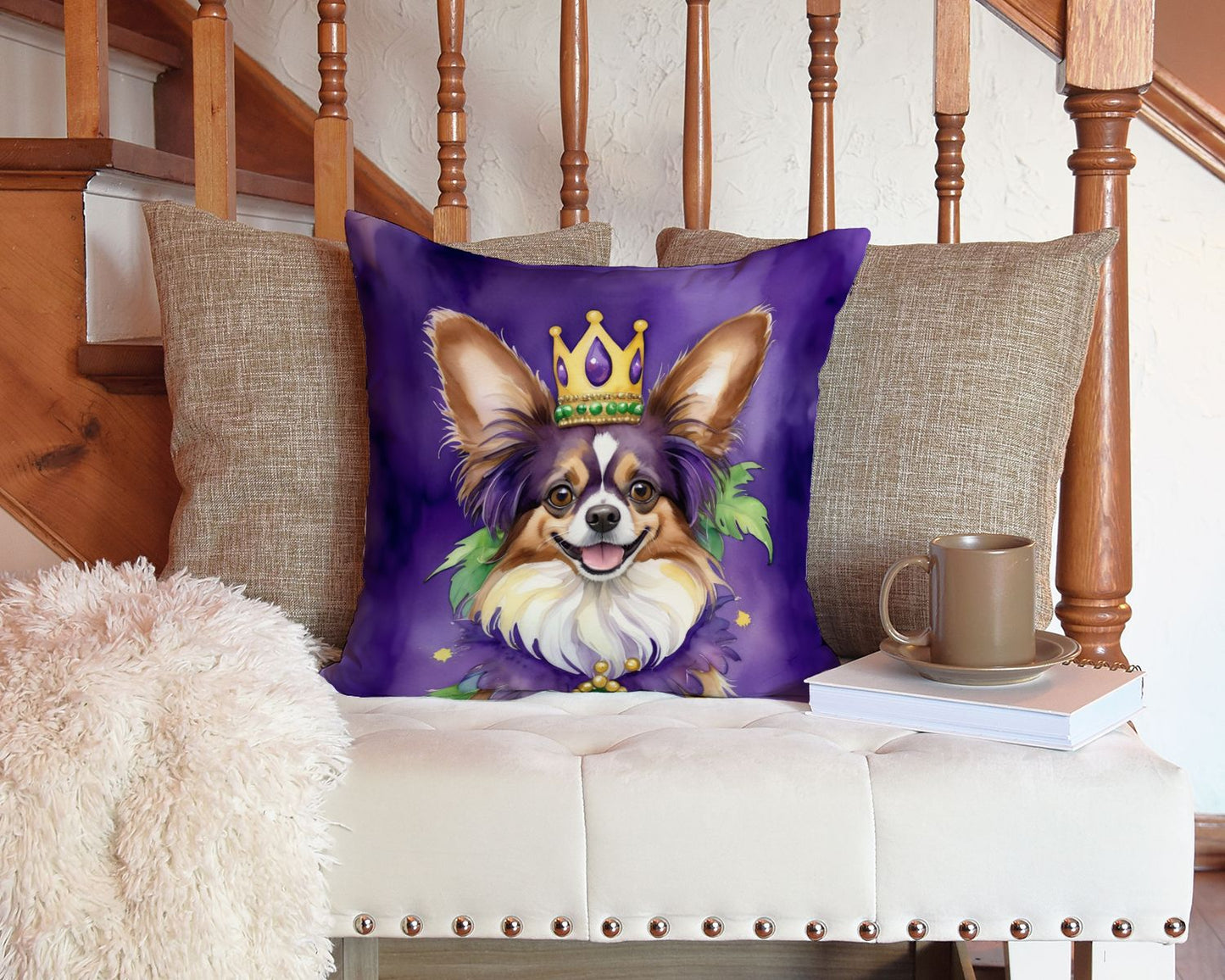 Papillon King of Mardi Gras Throw Pillow Machine Washable, Indoor Outdoor Decorative Pillow for Couch, Bed or Patio, 14Hx14W