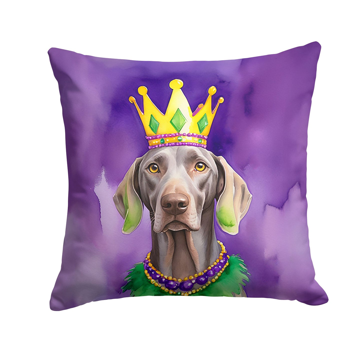 Weimaraner King of Mardi Gras Throw Pillow Machine Washable, Indoor Outdoor Decorative Pillow for Couch, Bed or Patio, 14Hx14W