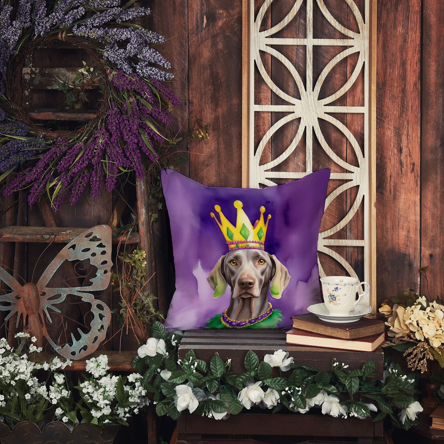 Weimaraner King of Mardi Gras Throw Pillow Machine Washable, Indoor Outdoor Decorative Pillow for Couch, Bed or Patio, 14Hx14W