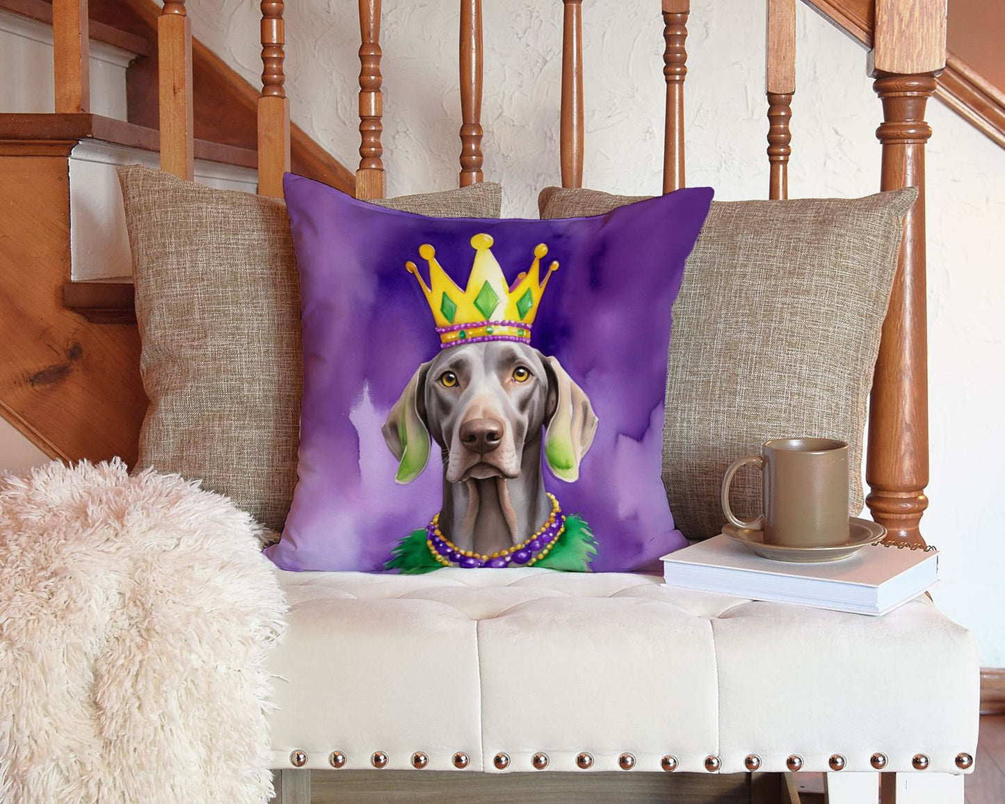 Weimaraner King of Mardi Gras Throw Pillow Machine Washable, Indoor Outdoor Decorative Pillow for Couch, Bed or Patio, 14Hx14W
