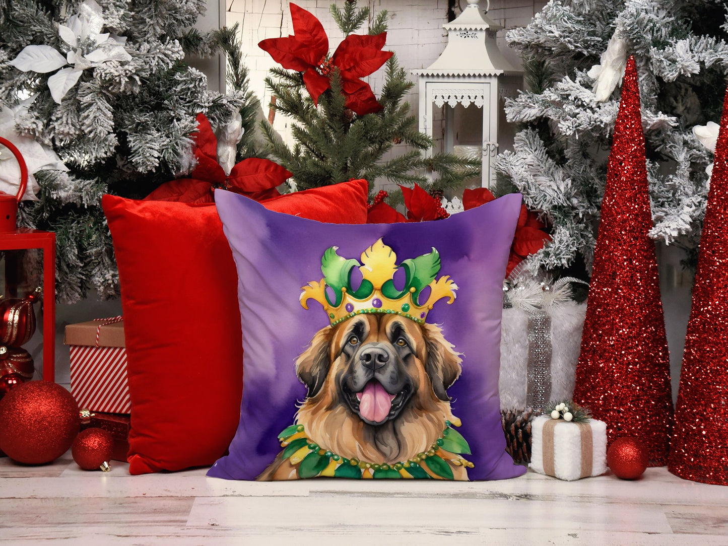 Leonberger King of Mardi Gras Throw Pillow Machine Washable, Indoor Outdoor Decorative Pillow for Couch, Bed or Patio, 14Hx14W