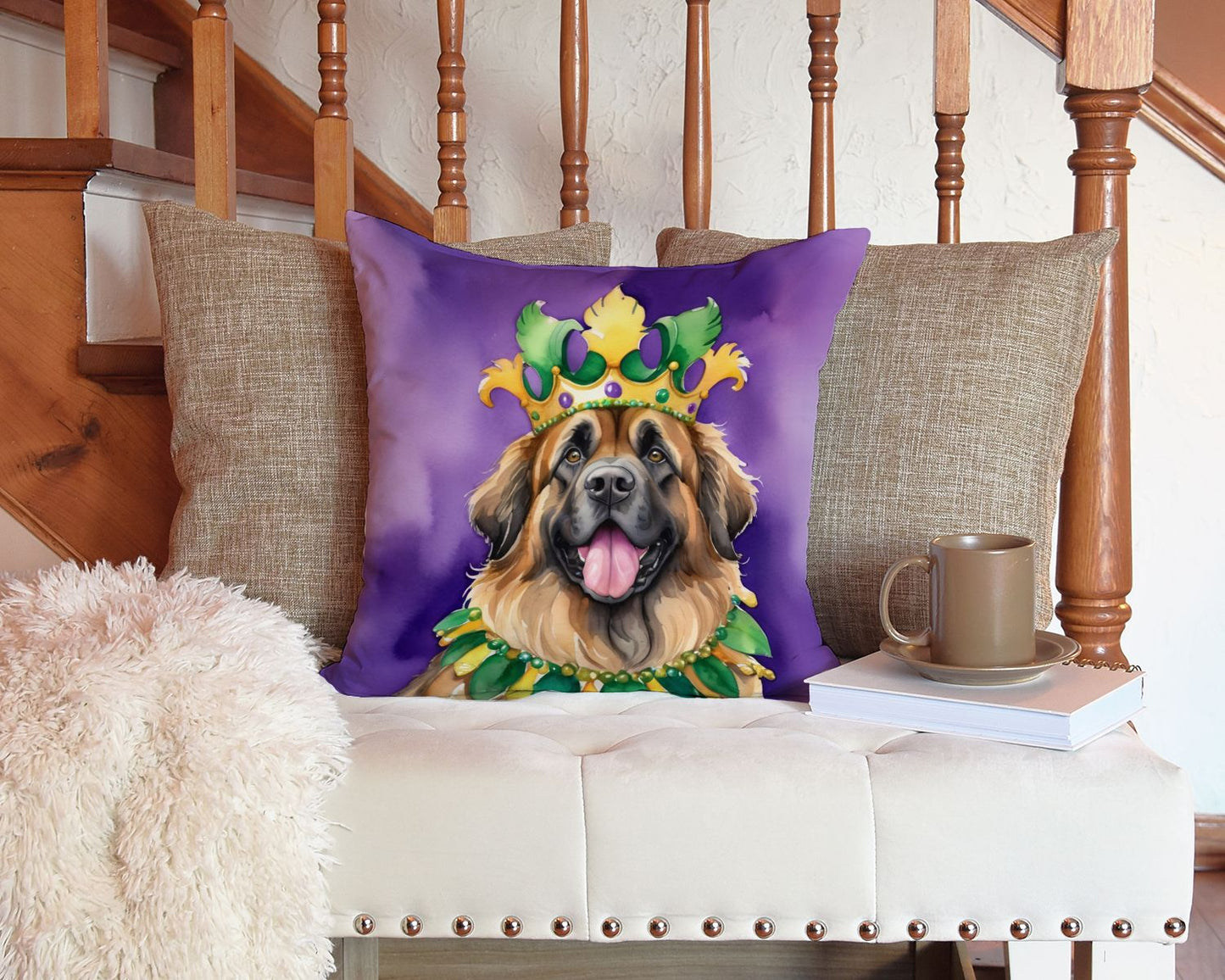 Leonberger King of Mardi Gras Throw Pillow Machine Washable, Indoor Outdoor Decorative Pillow for Couch, Bed or Patio, 14Hx14W