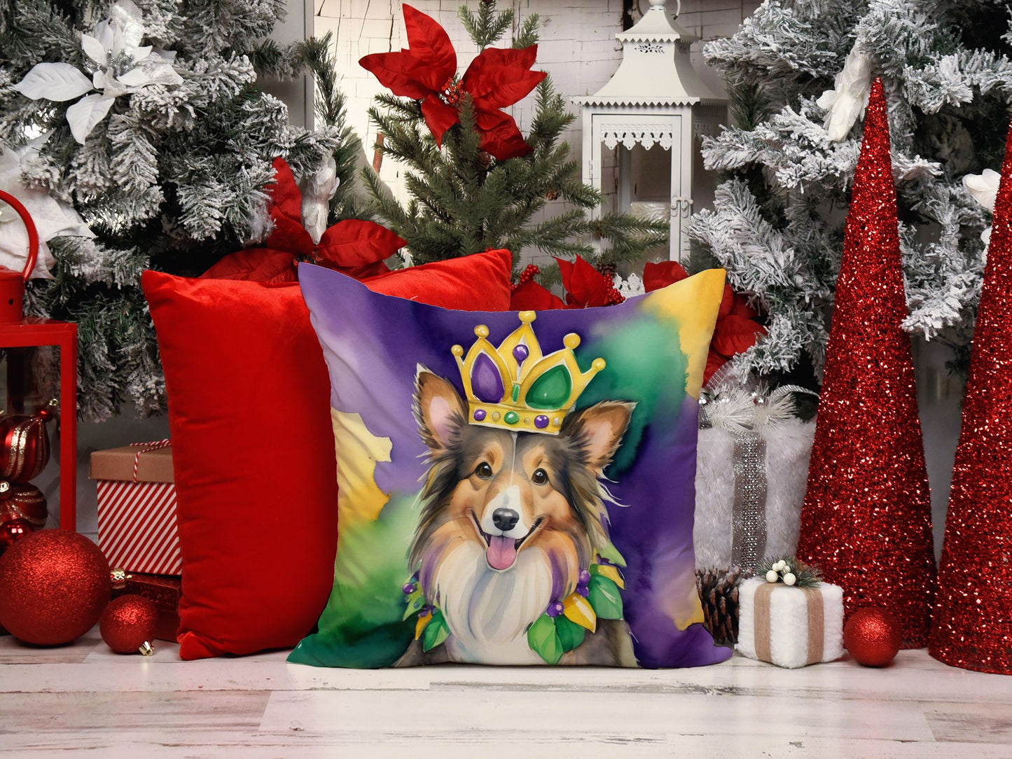 Sheltie King of Mardi Gras Throw Pillow Machine Washable, Indoor Outdoor Decorative Pillow for Couch, Bed or Patio, 14Hx14W