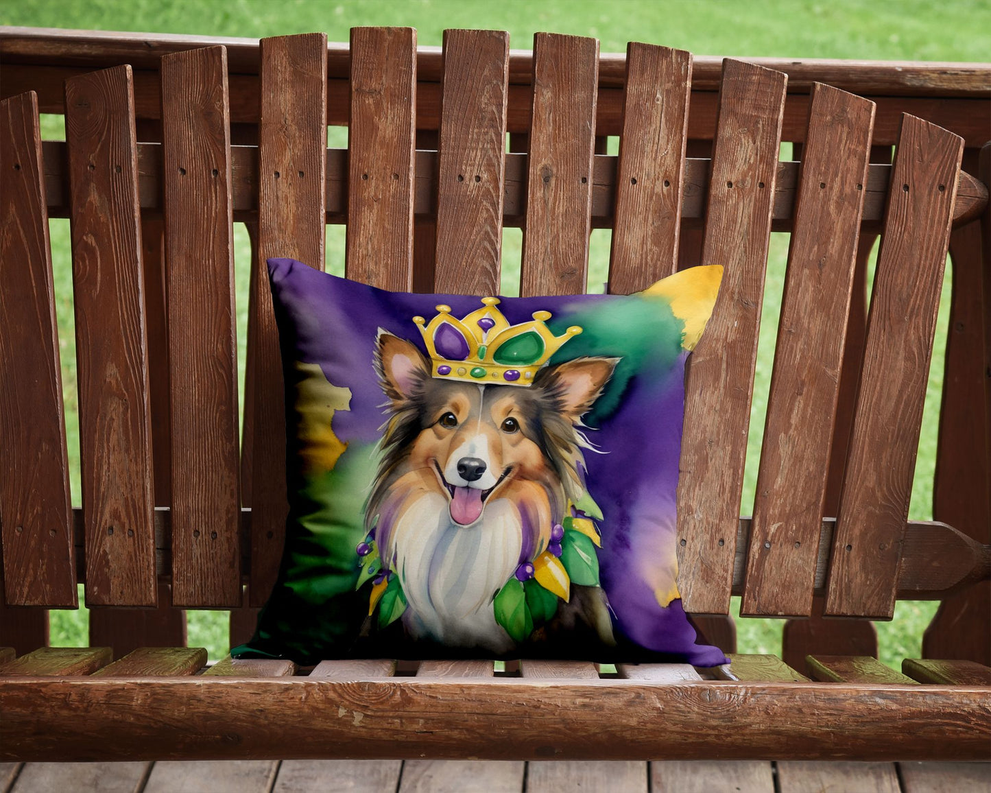 Sheltie King of Mardi Gras Throw Pillow Machine Washable, Indoor Outdoor Decorative Pillow for Couch, Bed or Patio, 14Hx14W