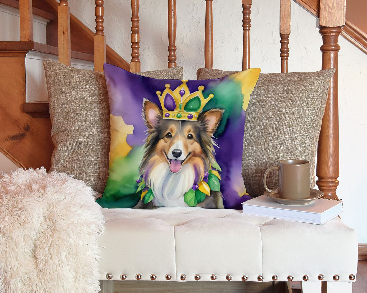 Sheltie King of Mardi Gras Throw Pillow Machine Washable, Indoor Outdoor Decorative Pillow for Couch, Bed or Patio, 14Hx14W