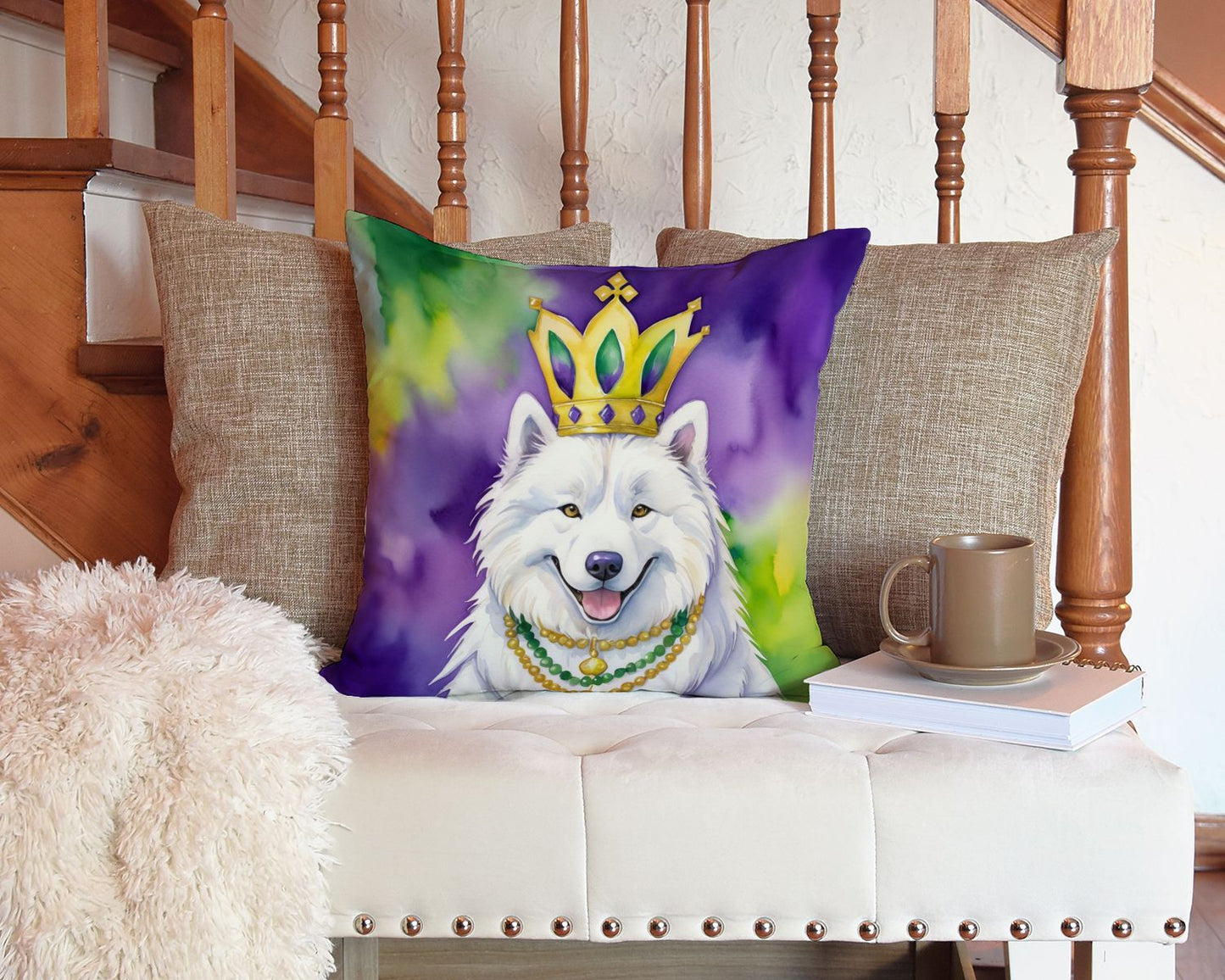 Samoyed King of Mardi Gras Throw Pillow Machine Washable, Indoor Outdoor Decorative Pillow for Couch, Bed or Patio, 14Hx14W