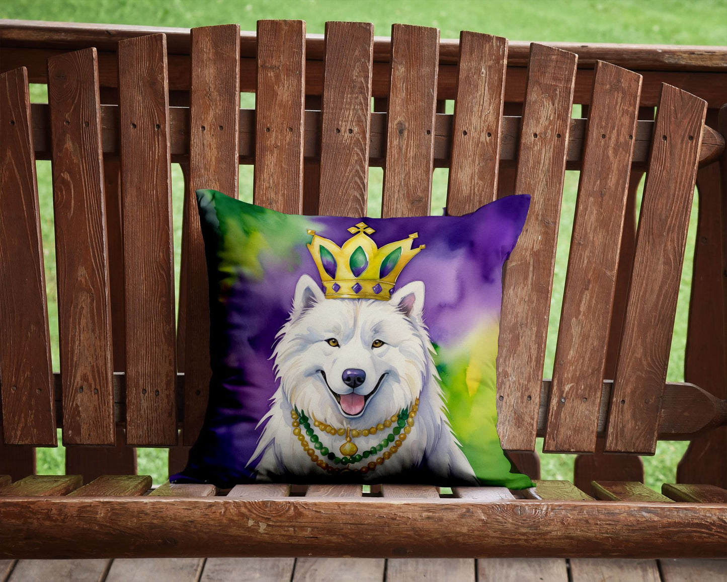 Samoyed King of Mardi Gras Throw Pillow Machine Washable, Indoor Outdoor Decorative Pillow for Couch, Bed or Patio, 14Hx14W