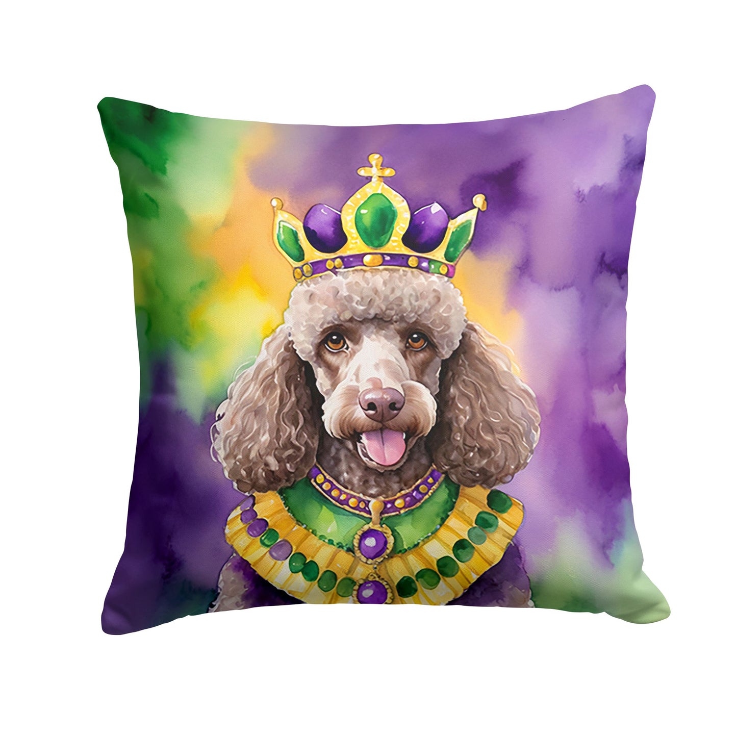 Chocolate Poodle King of Mardi Gras Throw Pillow Machine Washable, Indoor Outdoor Decorative Pillow for Couch, Bed or Patio, 14Hx14W