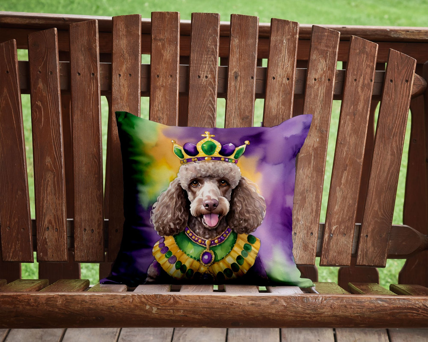 Chocolate Poodle King of Mardi Gras Throw Pillow Machine Washable, Indoor Outdoor Decorative Pillow for Couch, Bed or Patio, 14Hx14W