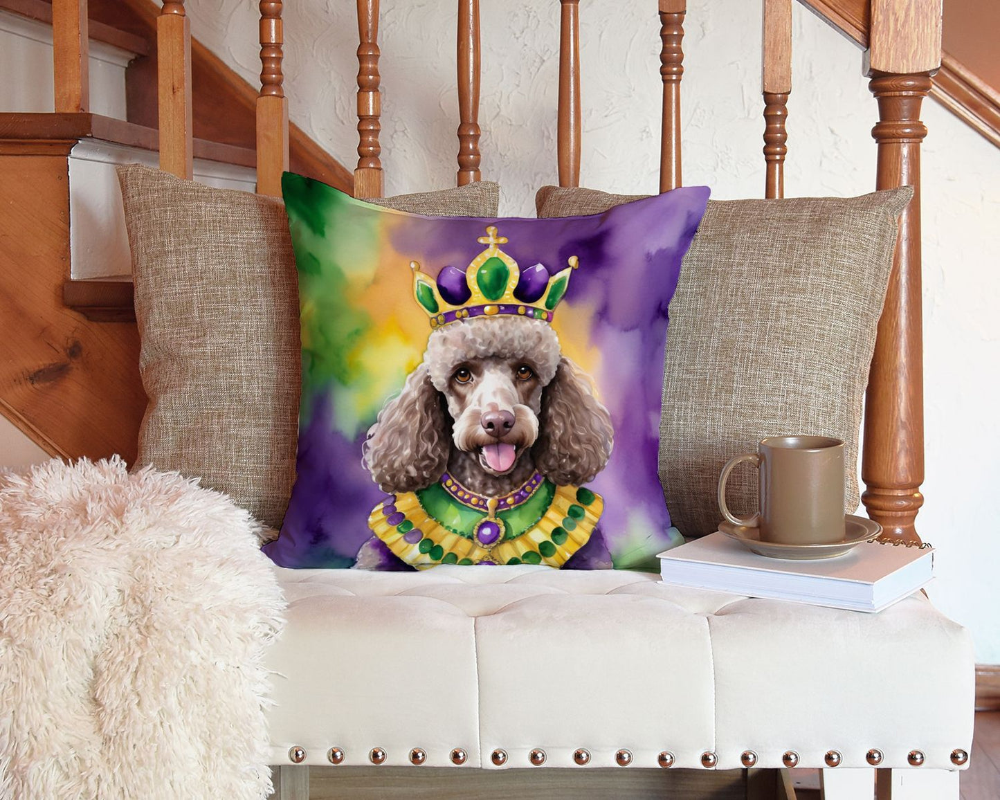 Chocolate Poodle King of Mardi Gras Throw Pillow Machine Washable, Indoor Outdoor Decorative Pillow for Couch, Bed or Patio, 14Hx14W