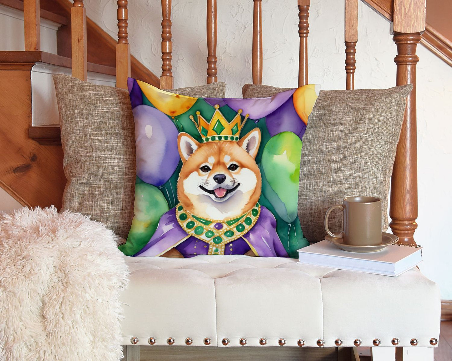 Shiba Inu King of Mardi Gras Throw Pillow Machine Washable, Indoor Outdoor Decorative Pillow for Couch, Bed or Patio, 14Hx14W