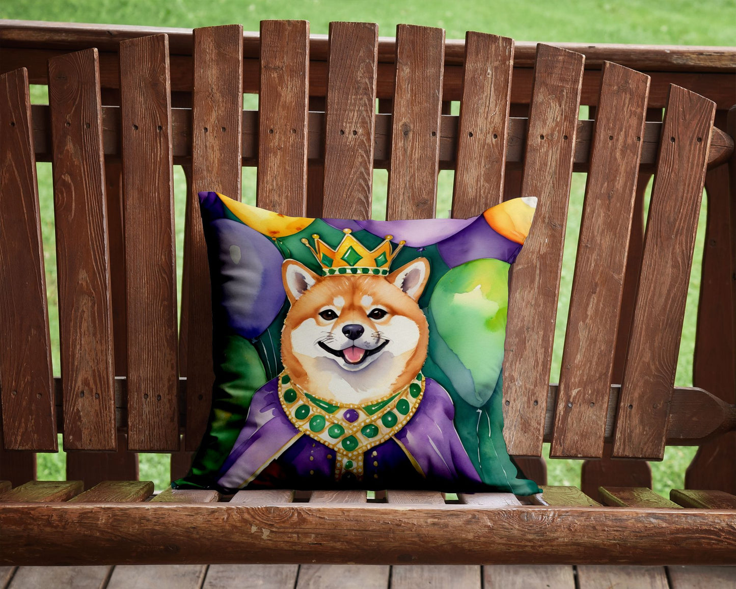 Shiba Inu King of Mardi Gras Throw Pillow Machine Washable, Indoor Outdoor Decorative Pillow for Couch, Bed or Patio, 14Hx14W