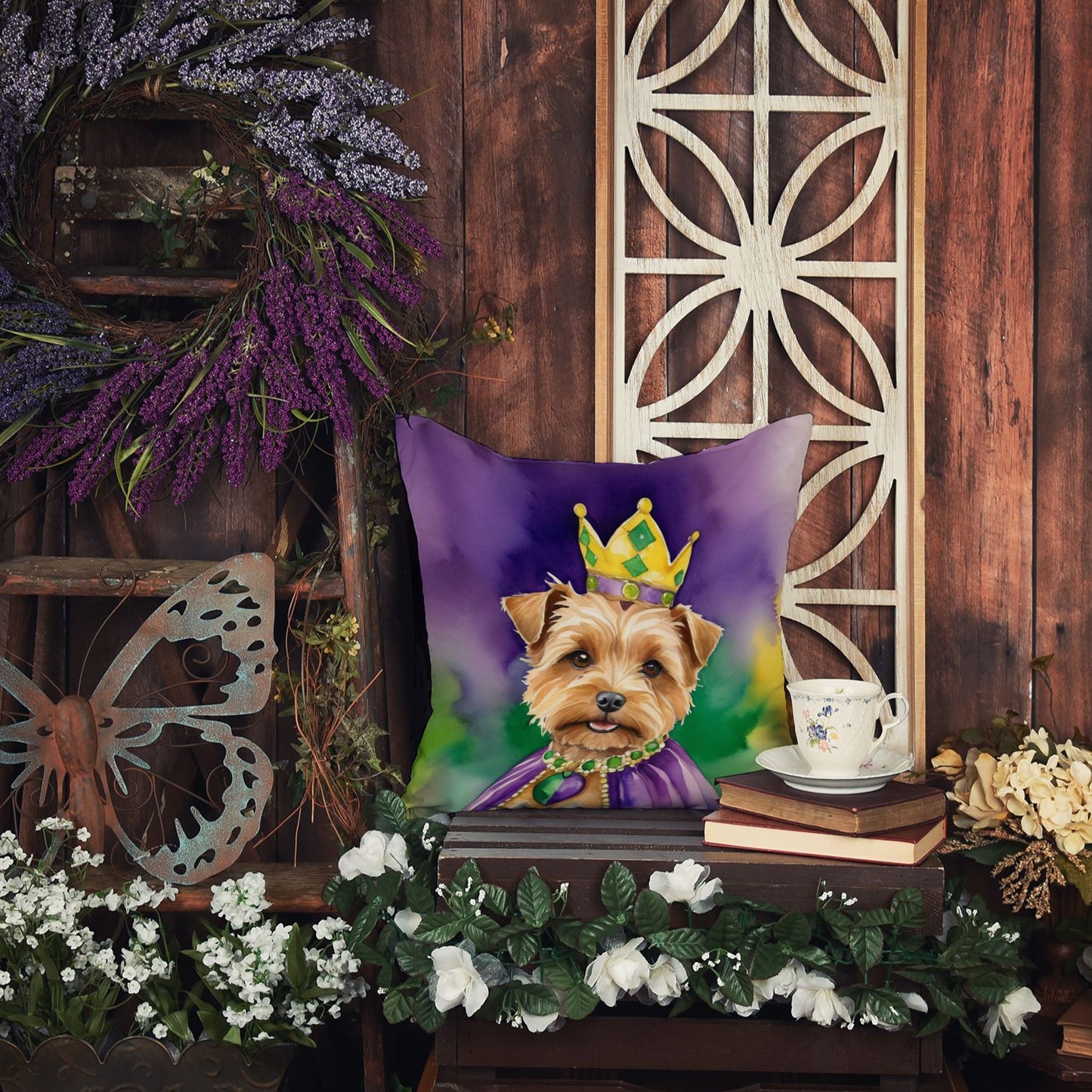 Norfolk Terrier King of Mardi Gras Throw Pillow Machine Washable, Indoor Outdoor Decorative Pillow for Couch, Bed or Patio, 14Hx14W