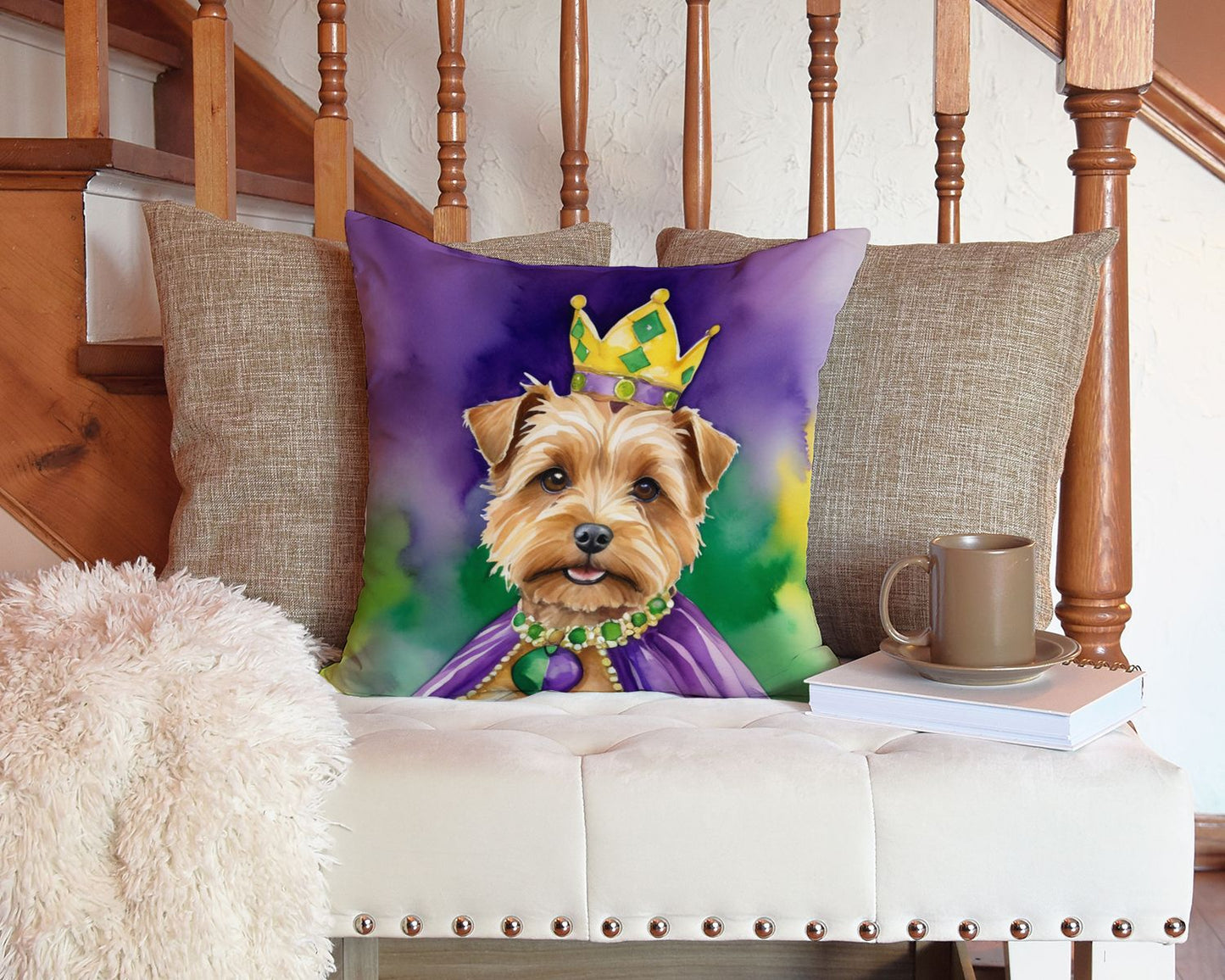 Norfolk Terrier King of Mardi Gras Throw Pillow Machine Washable, Indoor Outdoor Decorative Pillow for Couch, Bed or Patio, 14Hx14W