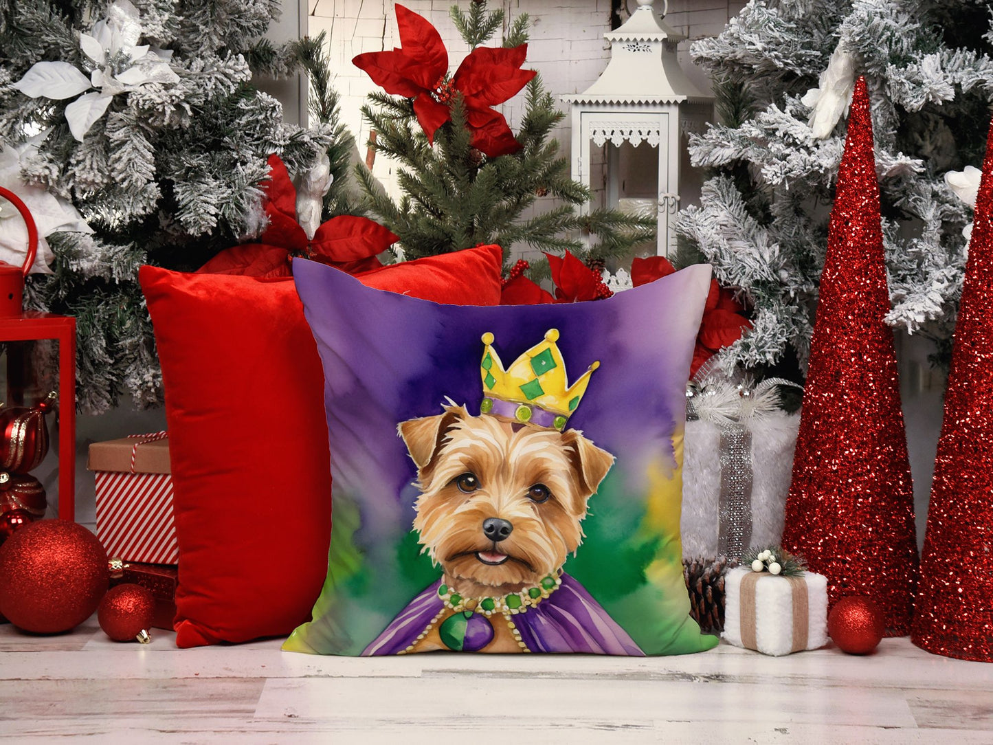 Norfolk Terrier King of Mardi Gras Throw Pillow Machine Washable, Indoor Outdoor Decorative Pillow for Couch, Bed or Patio, 14Hx14W