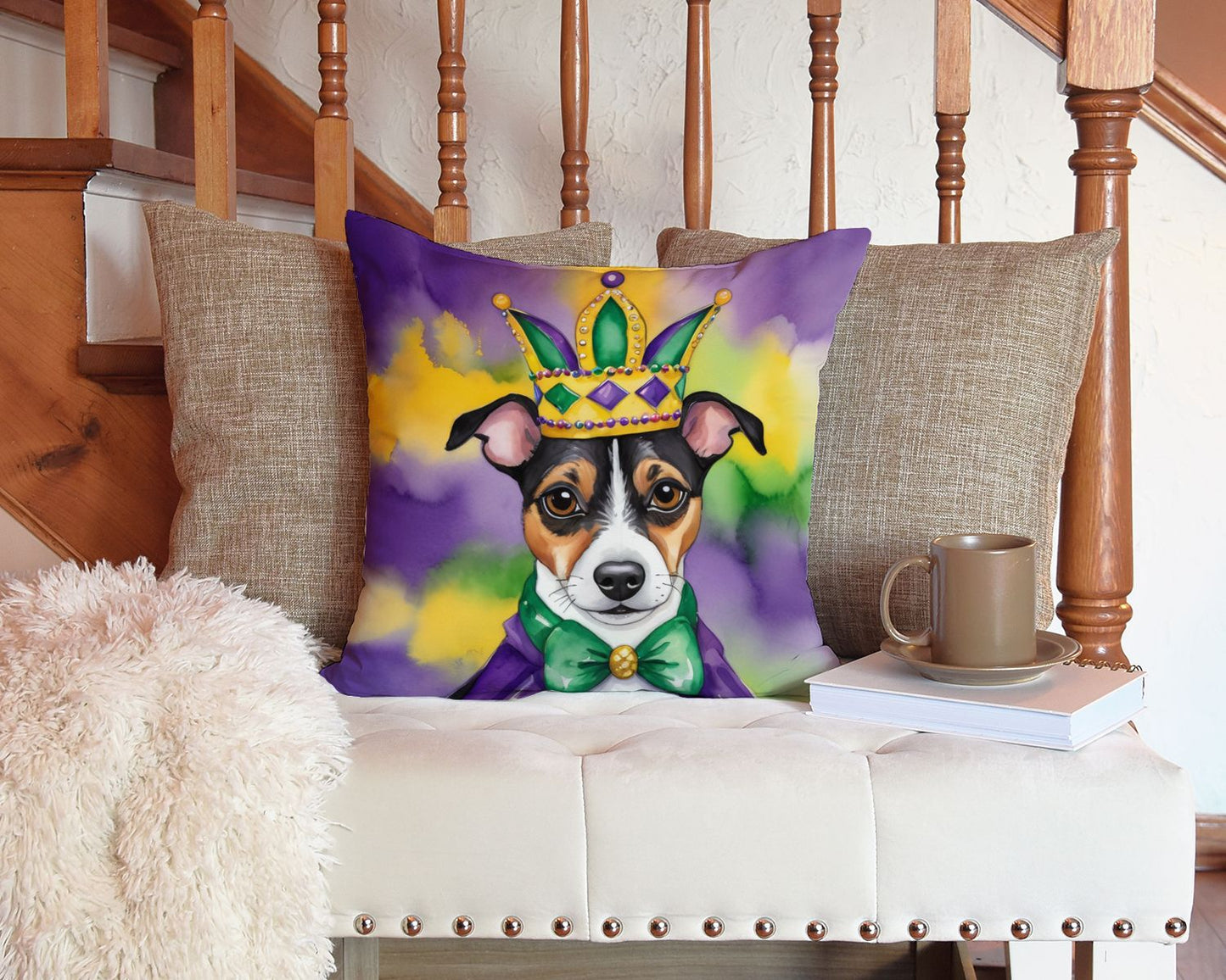 Jack Russell Terrier King of Mardi Gras Throw Pillow Machine Washable, Indoor Outdoor Decorative Pillow for Couch, Bed or Patio, 14Hx14W