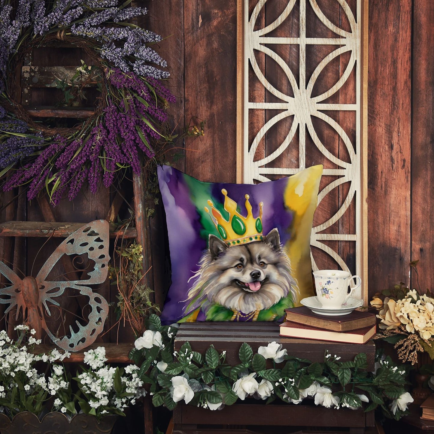 Keeshond King of Mardi Gras Throw Pillow Machine Washable, Indoor Outdoor Decorative Pillow for Couch, Bed or Patio, 14Hx14W