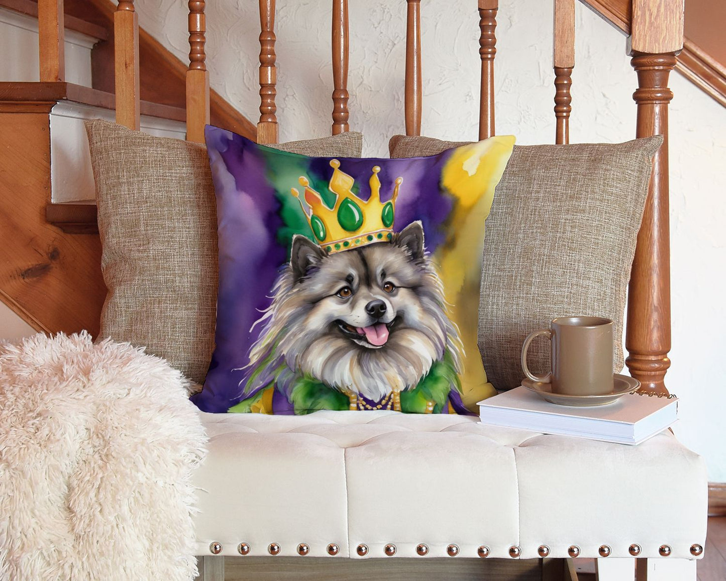 Keeshond King of Mardi Gras Throw Pillow Machine Washable, Indoor Outdoor Decorative Pillow for Couch, Bed or Patio, 14Hx14W