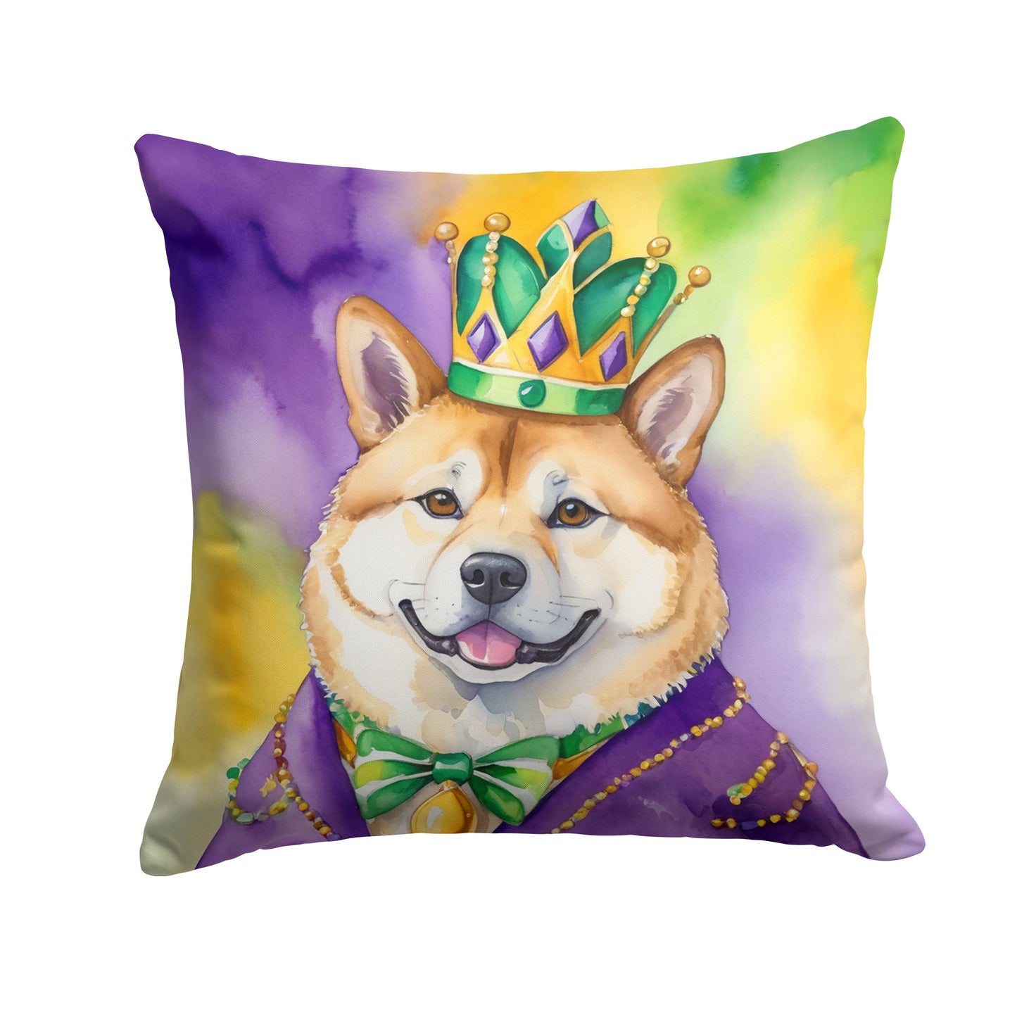 Akita King of Mardi Gras Throw Pillow Machine Washable, Indoor Outdoor Decorative Pillow for Couch, Bed or Patio, 14Hx14W