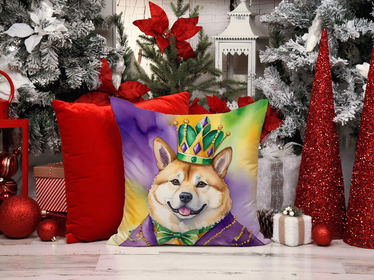 Akita King of Mardi Gras Throw Pillow Machine Washable, Indoor Outdoor Decorative Pillow for Couch, Bed or Patio, 14Hx14W