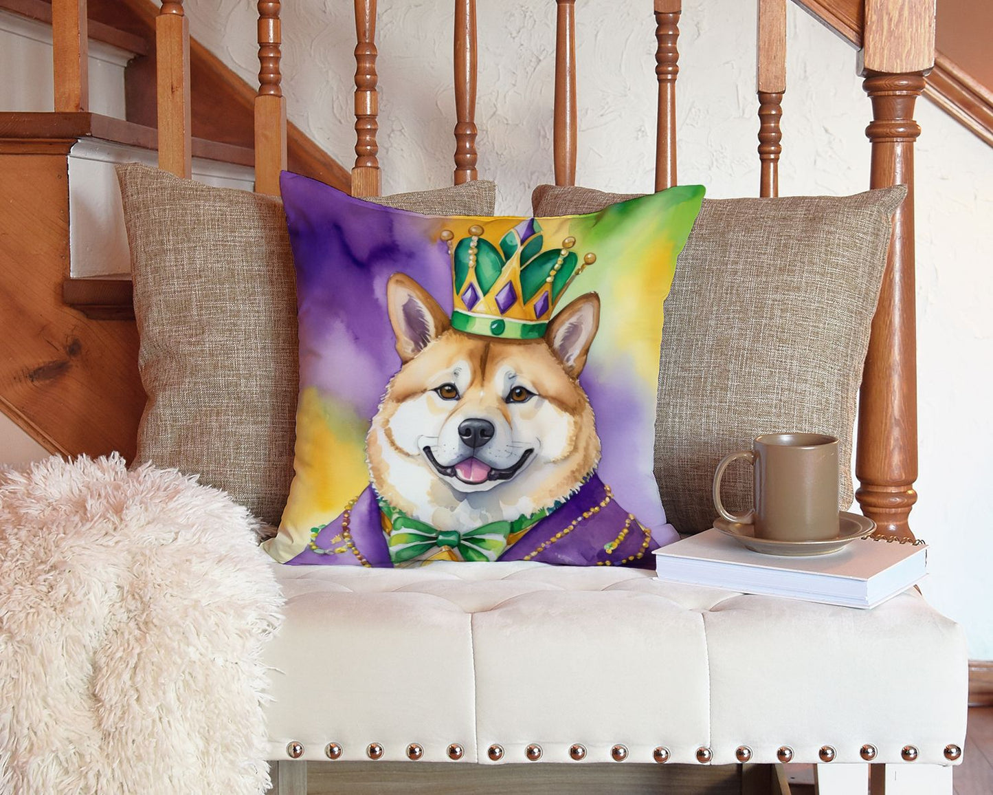 Akita King of Mardi Gras Throw Pillow Machine Washable, Indoor Outdoor Decorative Pillow for Couch, Bed or Patio, 14Hx14W