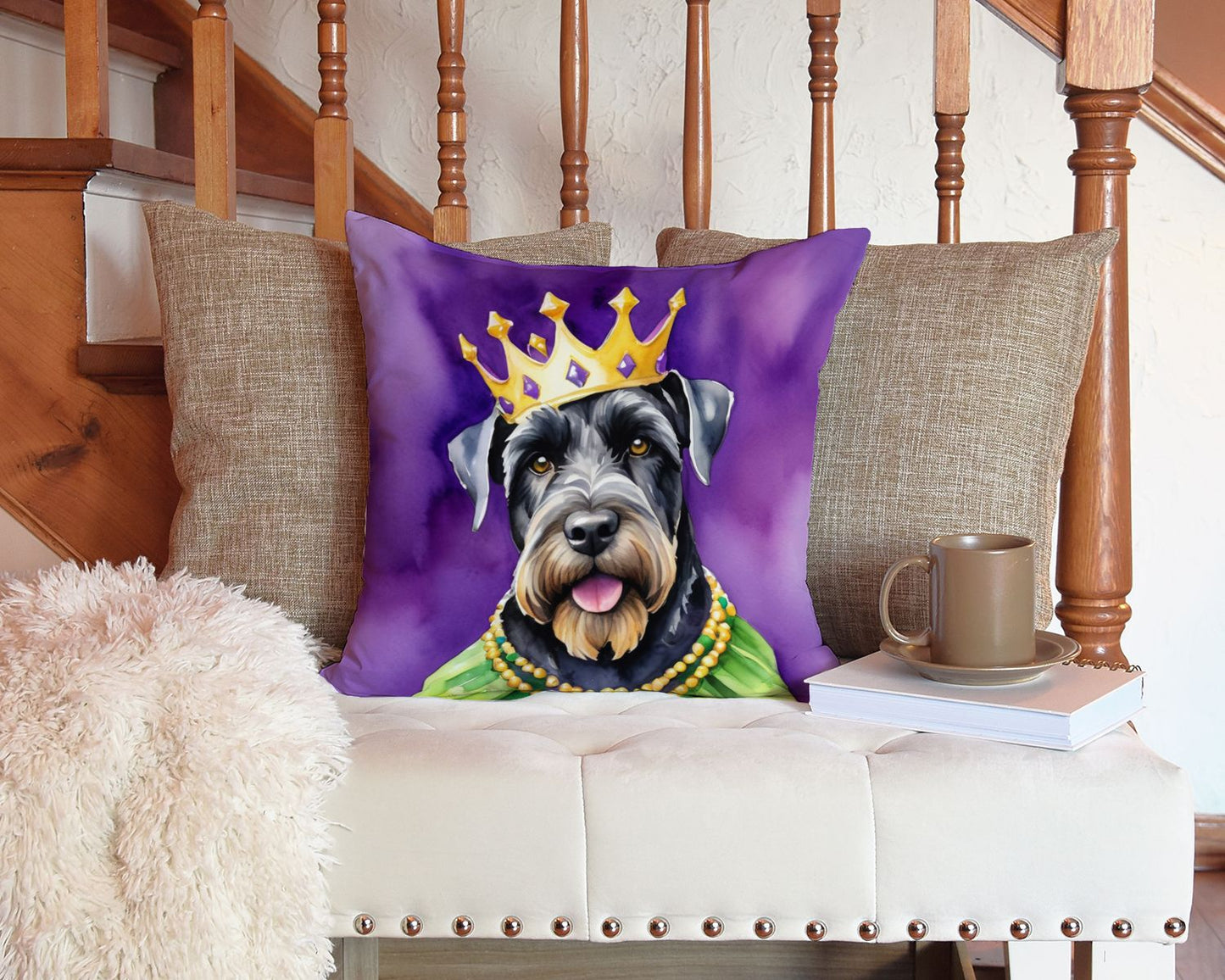 Giant Schnauzer King of Mardi Gras Throw Pillow Machine Washable, Indoor Outdoor Decorative Pillow for Couch, Bed or Patio, 14Hx14W