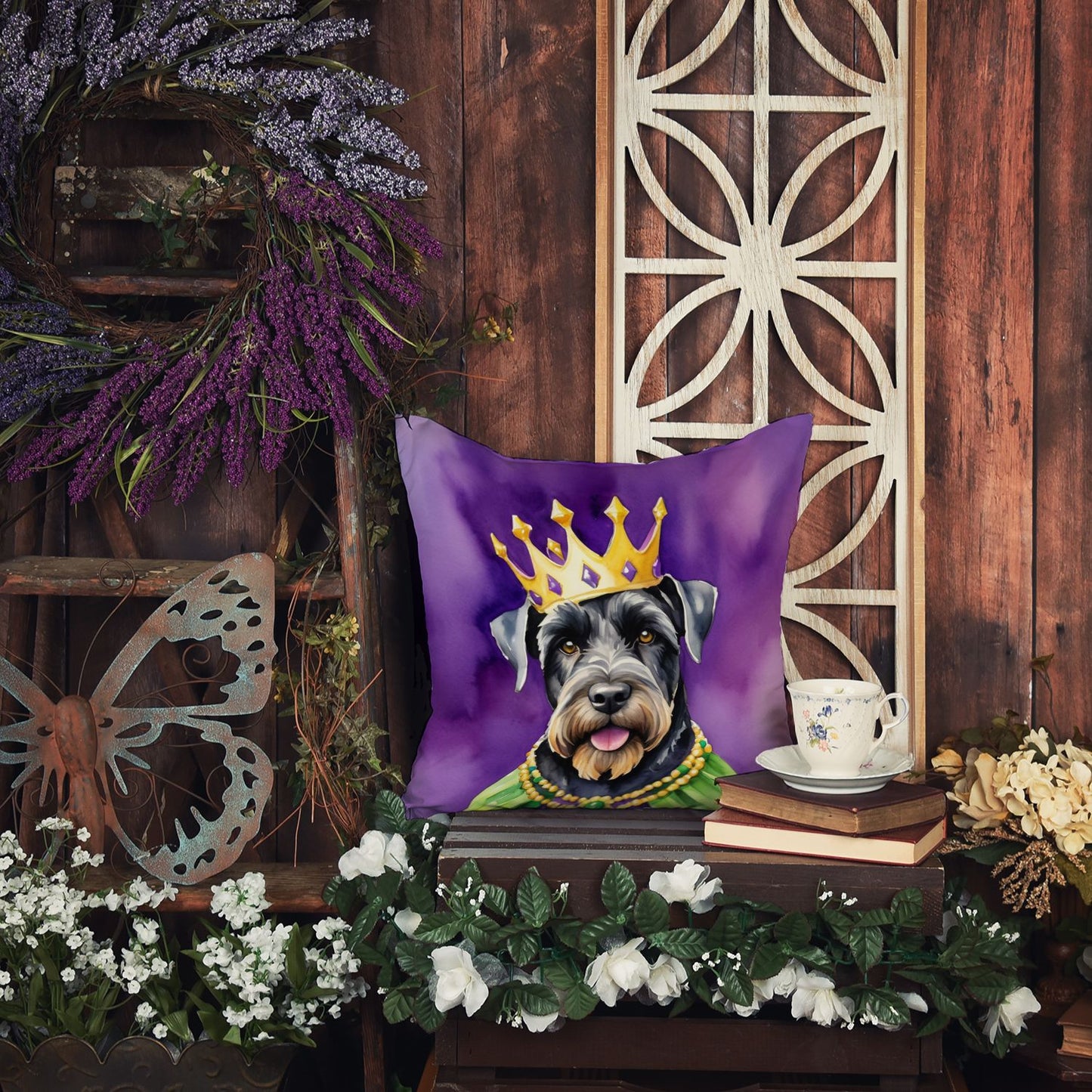 Giant Schnauzer King of Mardi Gras Throw Pillow Machine Washable, Indoor Outdoor Decorative Pillow for Couch, Bed or Patio, 14Hx14W