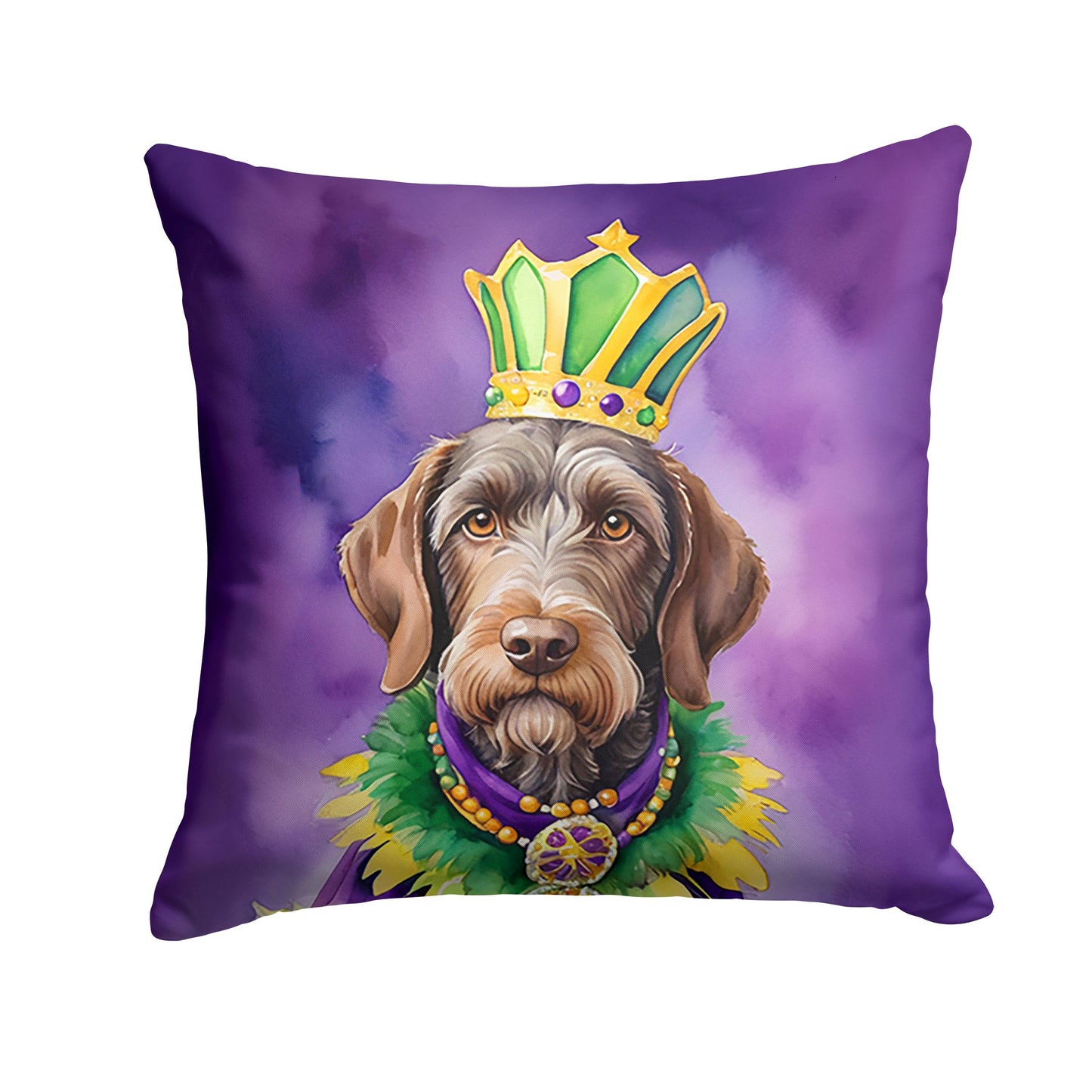 German Wirehaired Pointer King of Mardi Gras Throw Pillow Machine Washable, Indoor Outdoor Decorative Pillow for Couch, Bed or Patio, 14Hx14W