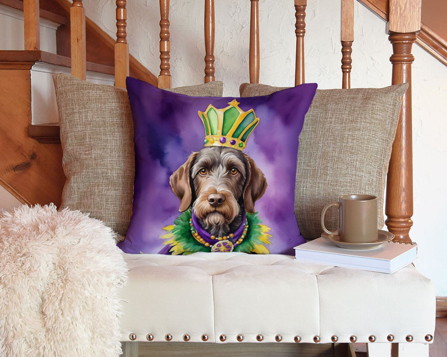 German Wirehaired Pointer King of Mardi Gras Throw Pillow Machine Washable, Indoor Outdoor Decorative Pillow for Couch, Bed or Patio, 14Hx14W