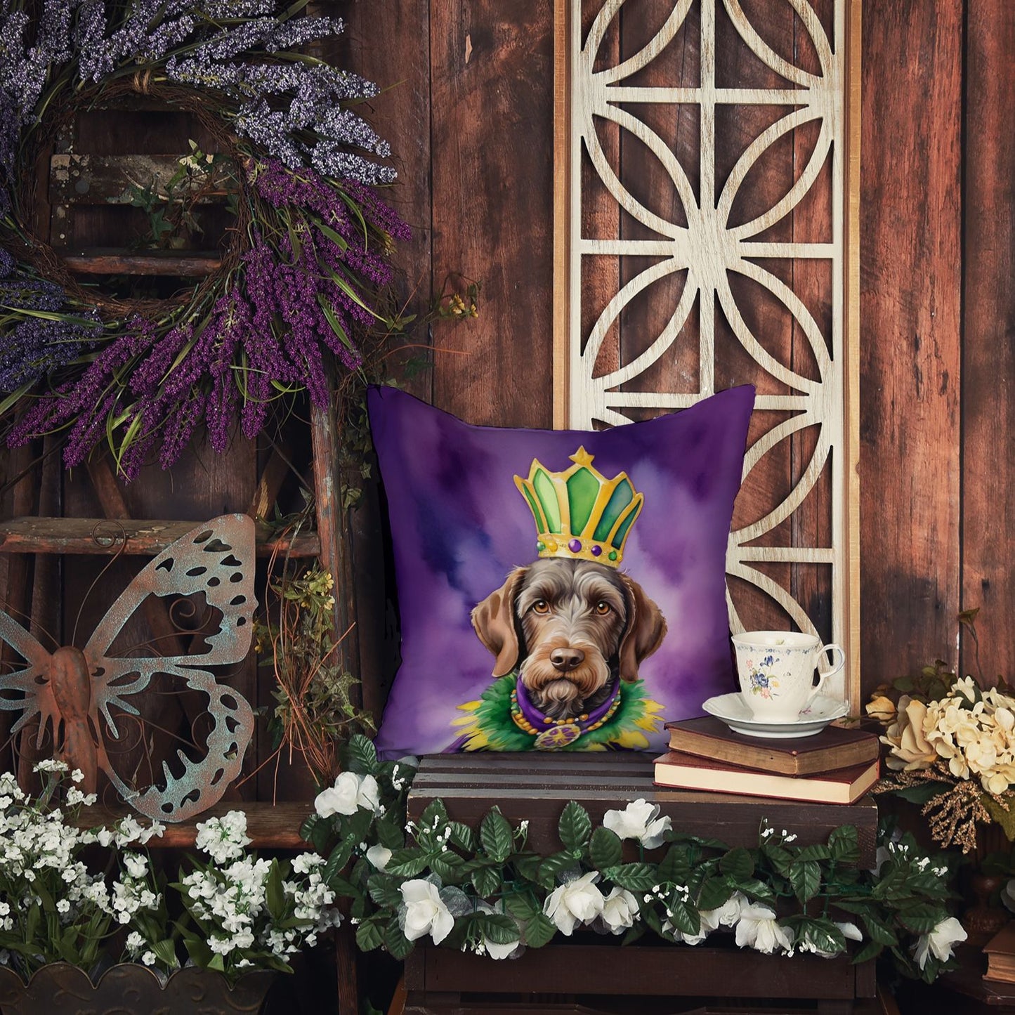German Wirehaired Pointer King of Mardi Gras Throw Pillow Machine Washable, Indoor Outdoor Decorative Pillow for Couch, Bed or Patio, 14Hx14W