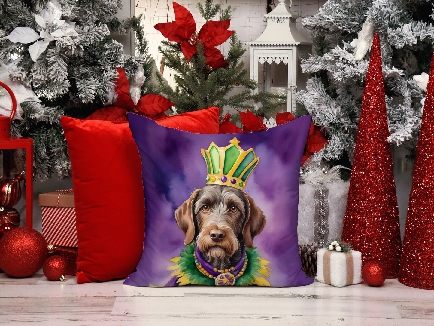 German Wirehaired Pointer King of Mardi Gras Throw Pillow Machine Washable, Indoor Outdoor Decorative Pillow for Couch, Bed or Patio, 14Hx14W