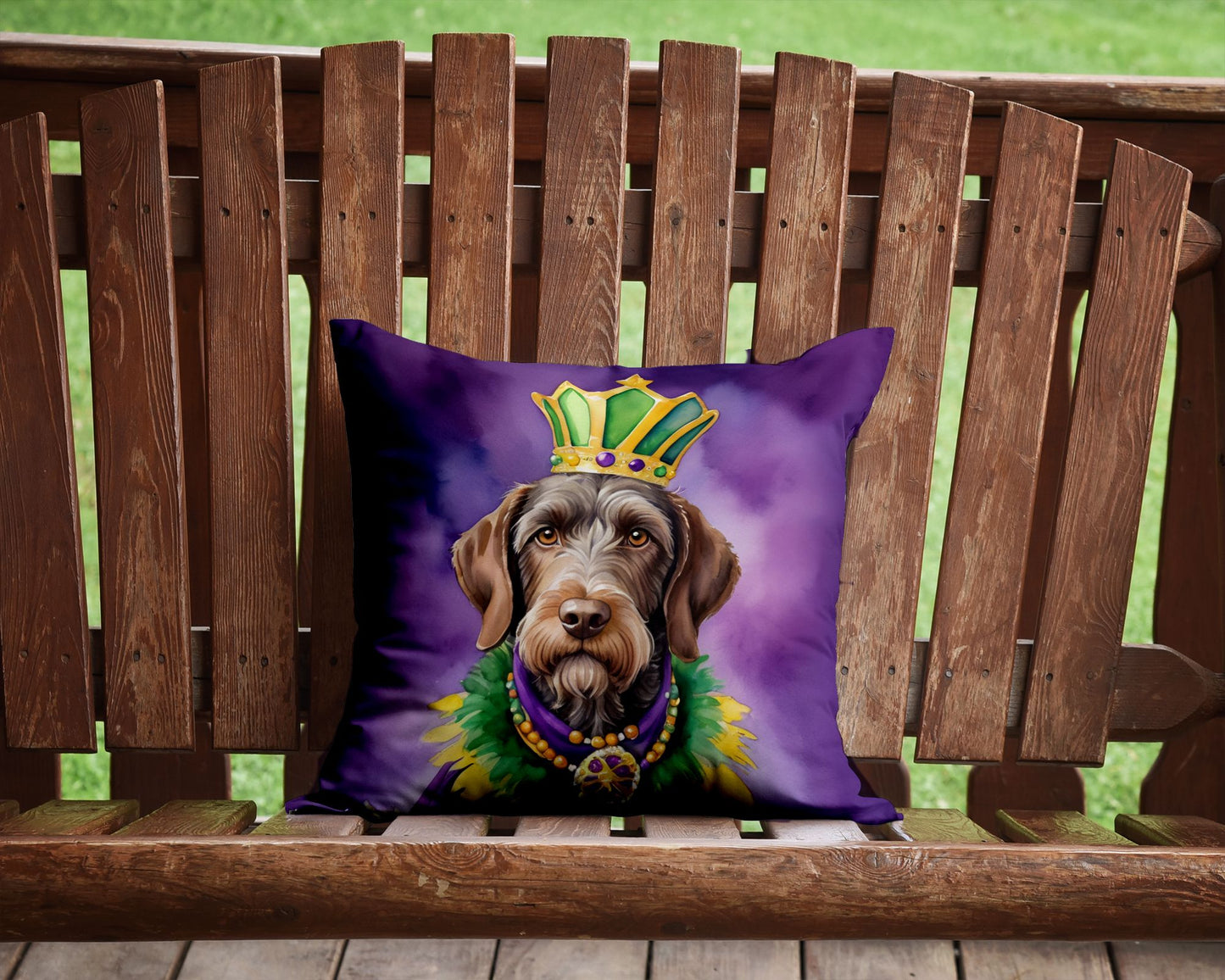 German Wirehaired Pointer King of Mardi Gras Throw Pillow Machine Washable, Indoor Outdoor Decorative Pillow for Couch, Bed or Patio, 14Hx14W